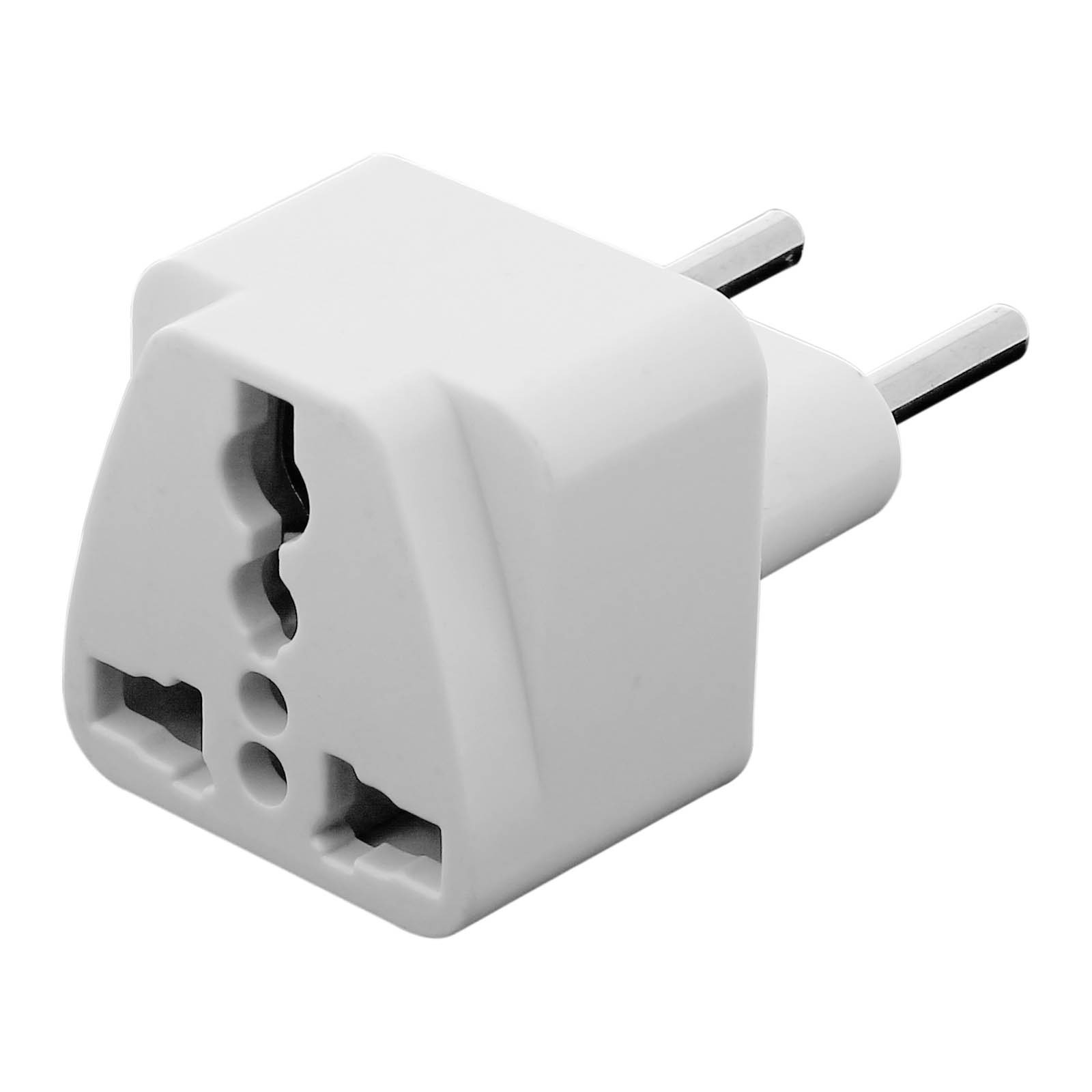 Un adattatore bianco con tre fori per diverse spine e due spine per la parete.