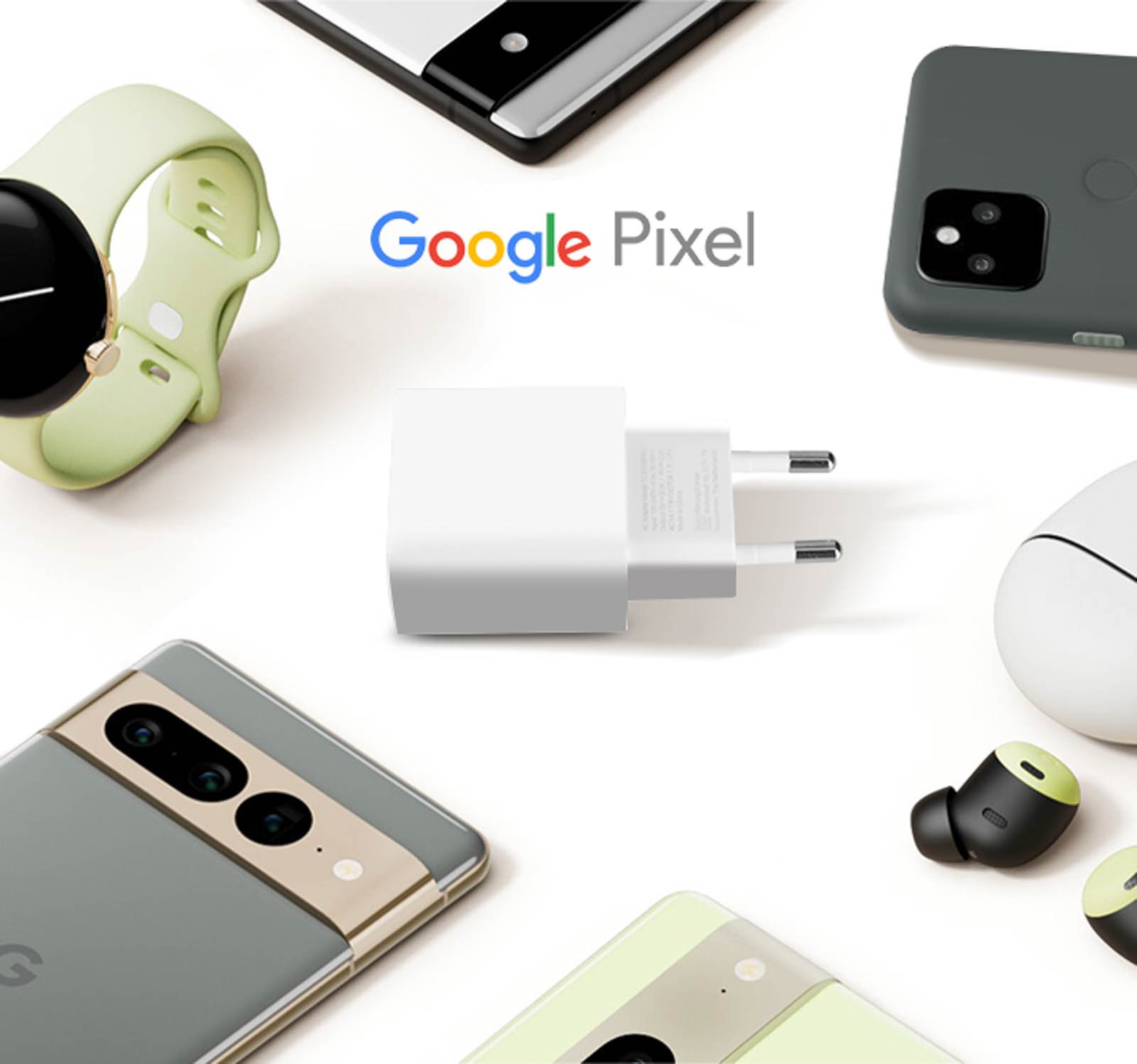 Prodotti Google Pixel: orologio, telefono, caricatore, auricolari e un altro telefono.