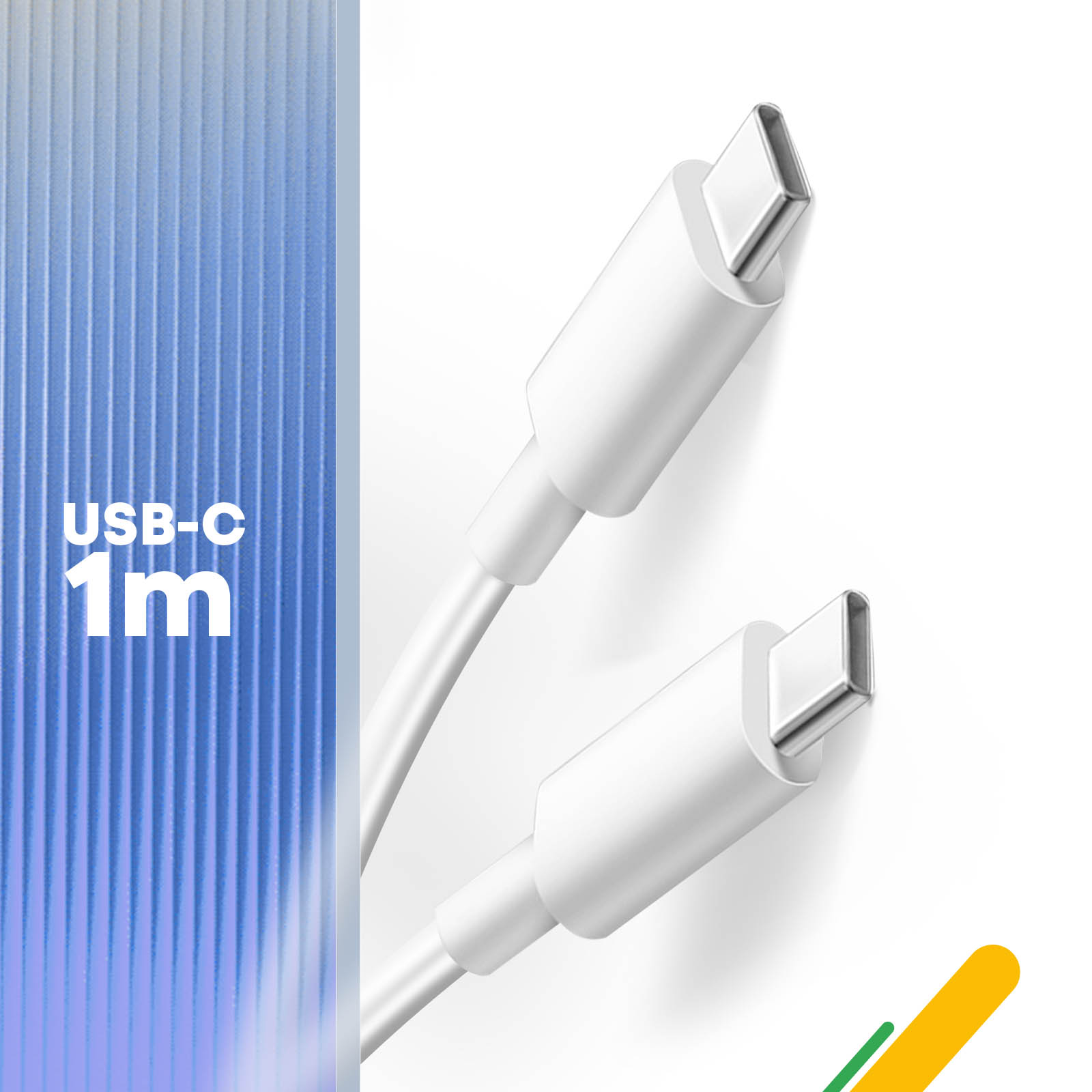 Deux câbles USB-C blancs, positionnés sur un fond bleu et jaune.