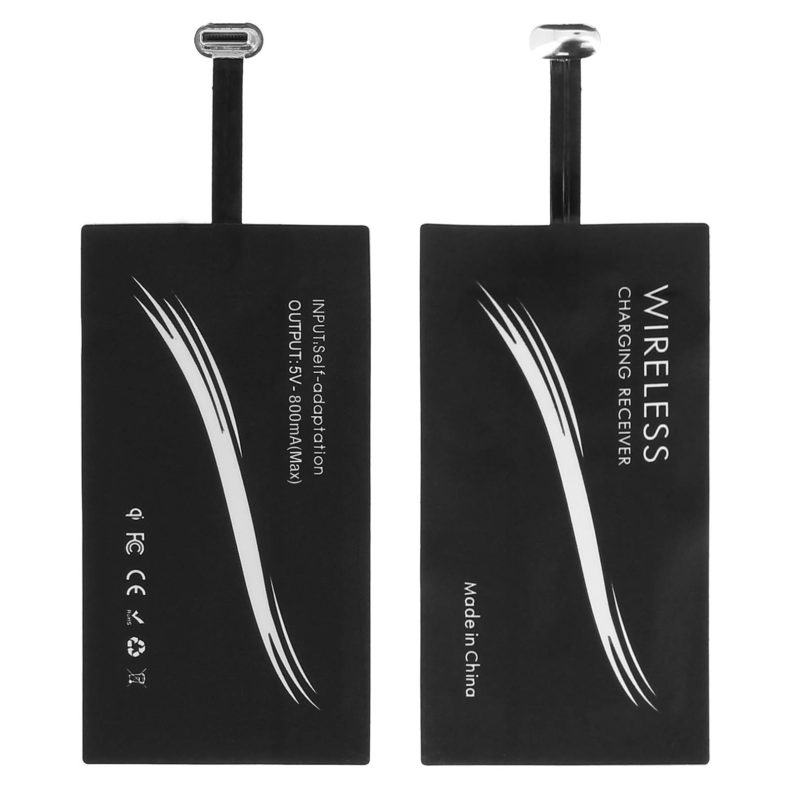 Due ricevitori di ricarica wireless neri. Un lato dice 'Wireless Charging Receiver'. Entrambi hanno un cavo di ricarica.