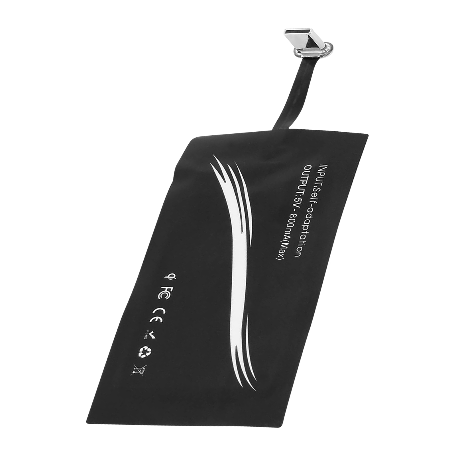 Base di ricarica rettangolare nera con cavo USB-C e linee bianche sopra.