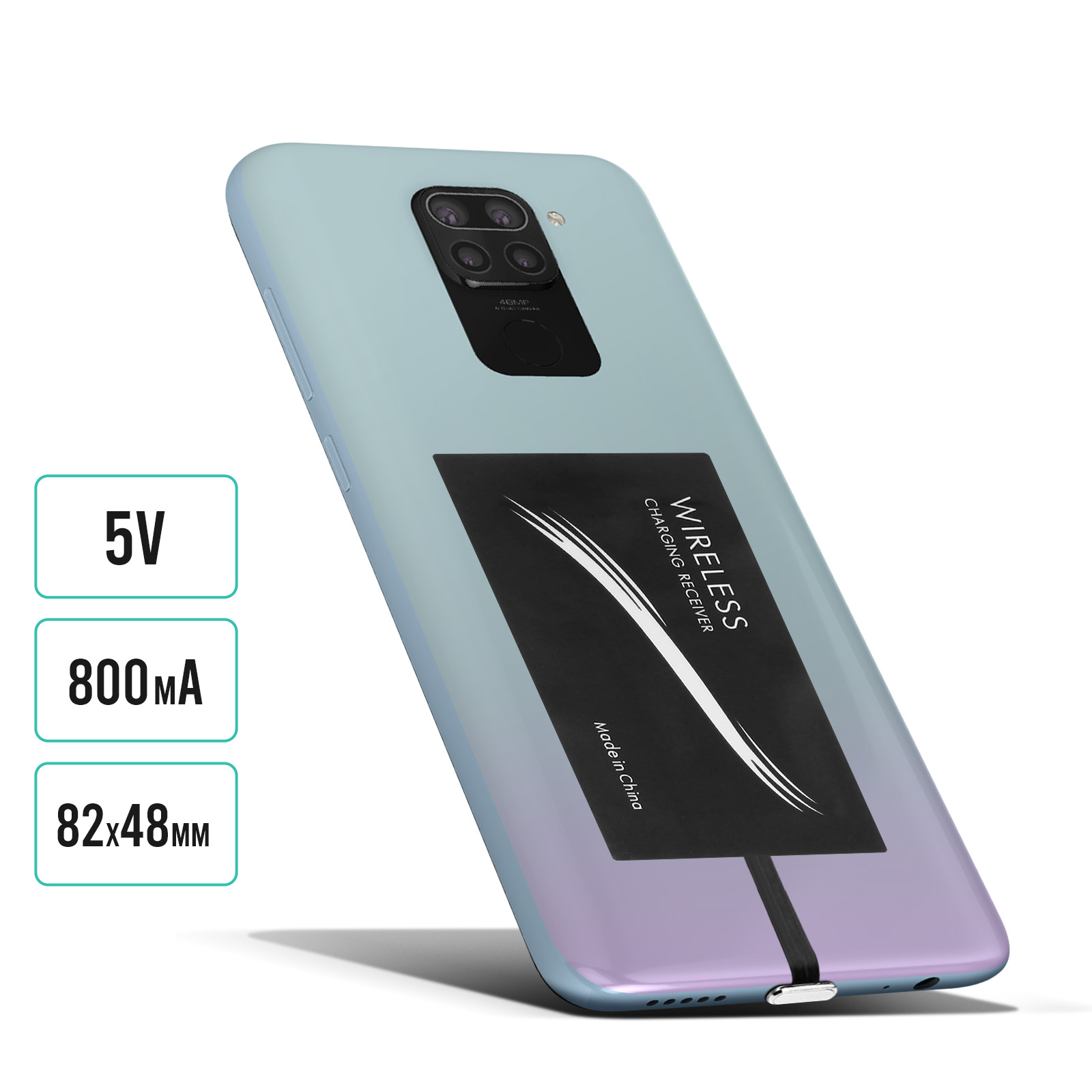 Uno smartphone con un ricevitore di ricarica wireless collegato, con info di ricarica.