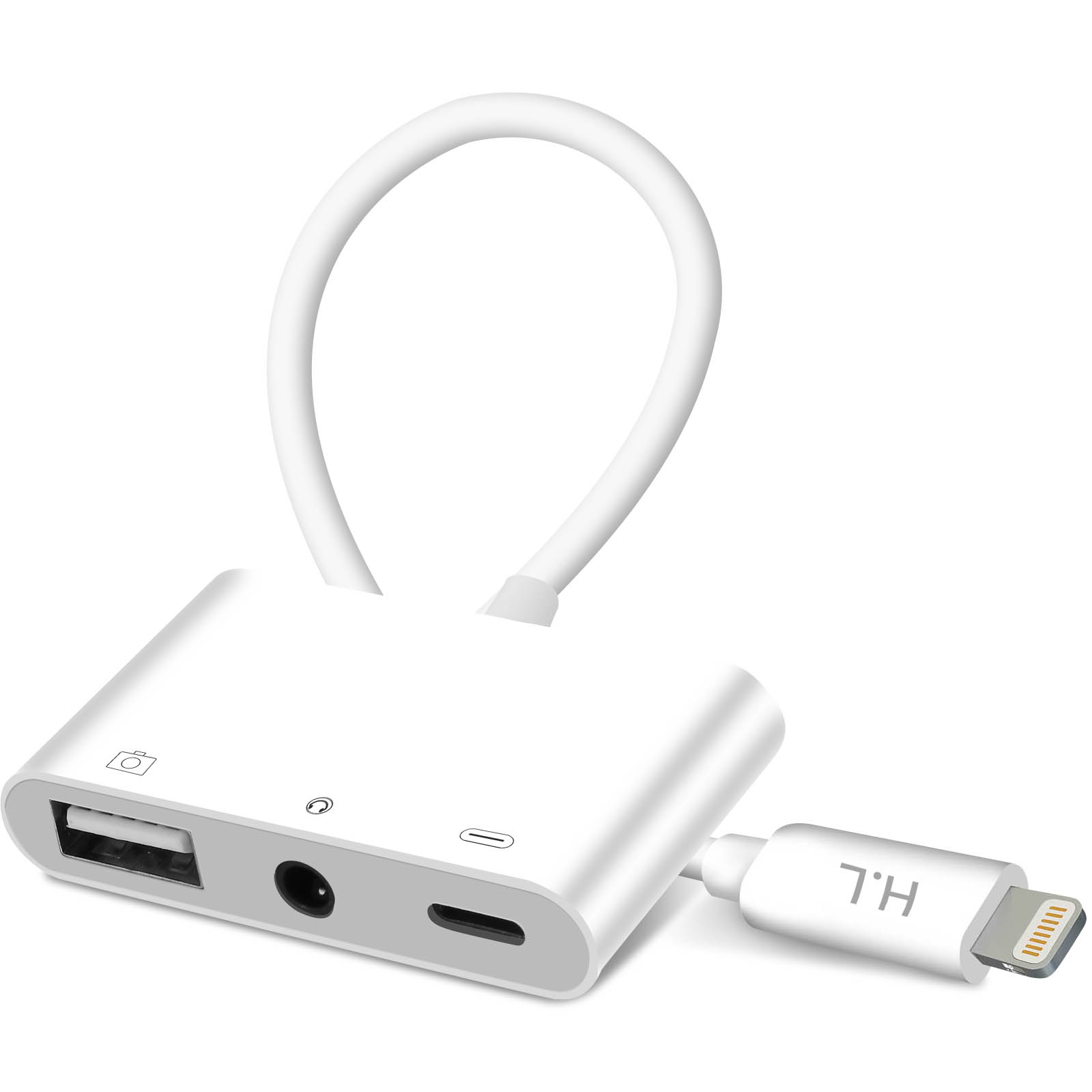 Un adaptateur blanc avec un port USB et un connecteur Lightning. Le connecteur Lightning est étiqueté.