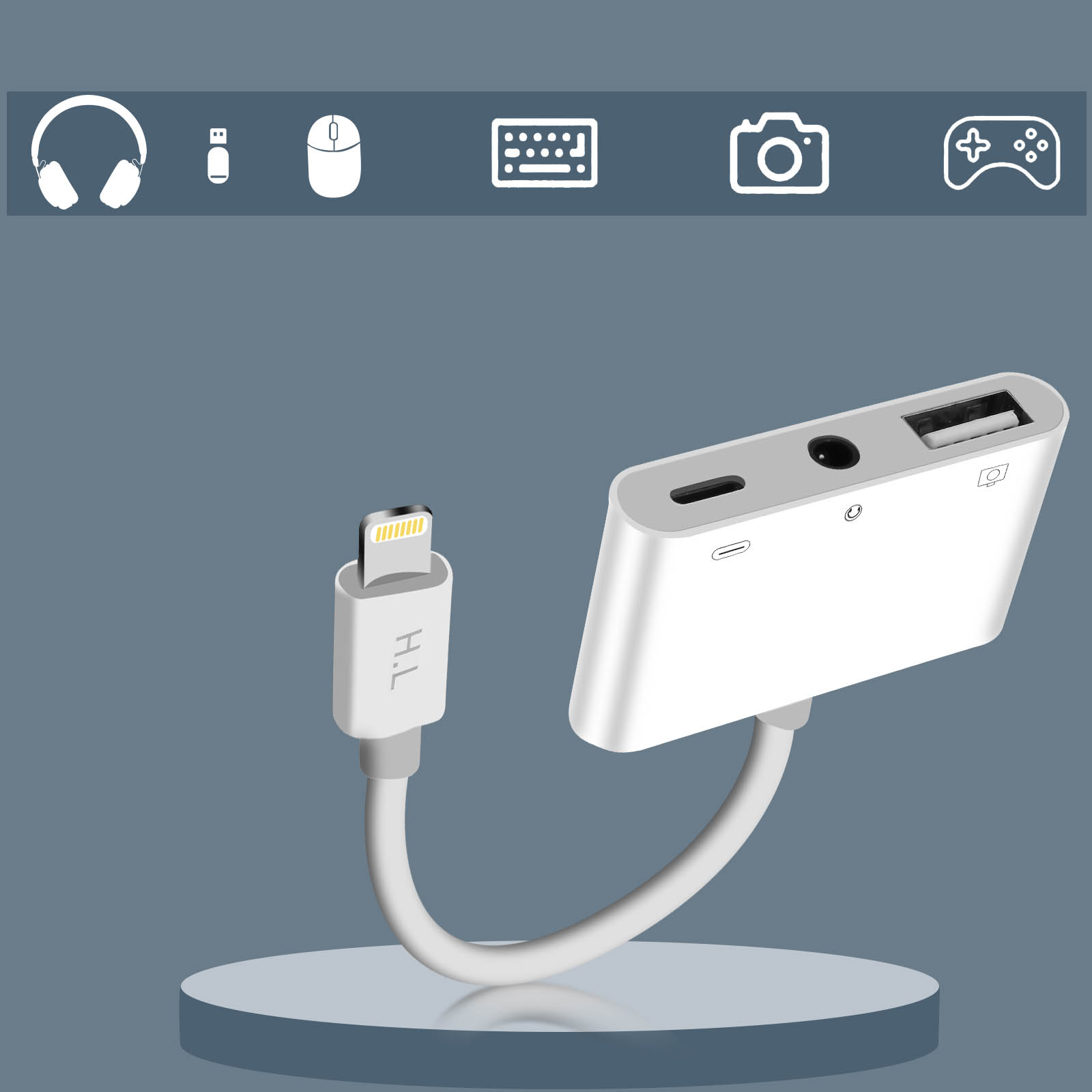 Adaptateur blanc avec plusieurs ports et un connecteur Lightning. Connecté avec des câbles.