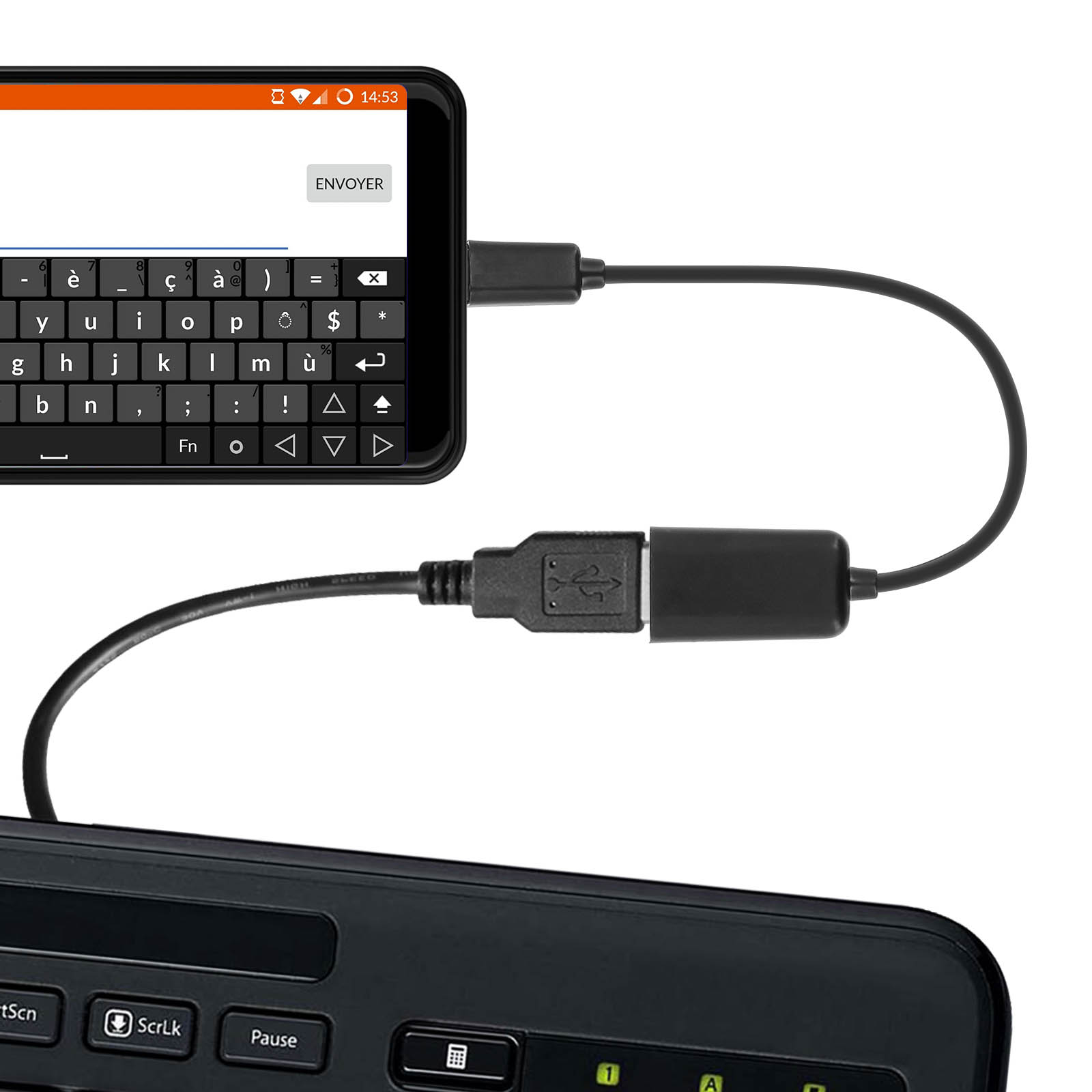 Una tastiera nera e uno smartphone sono collegati tramite un cavo USB.