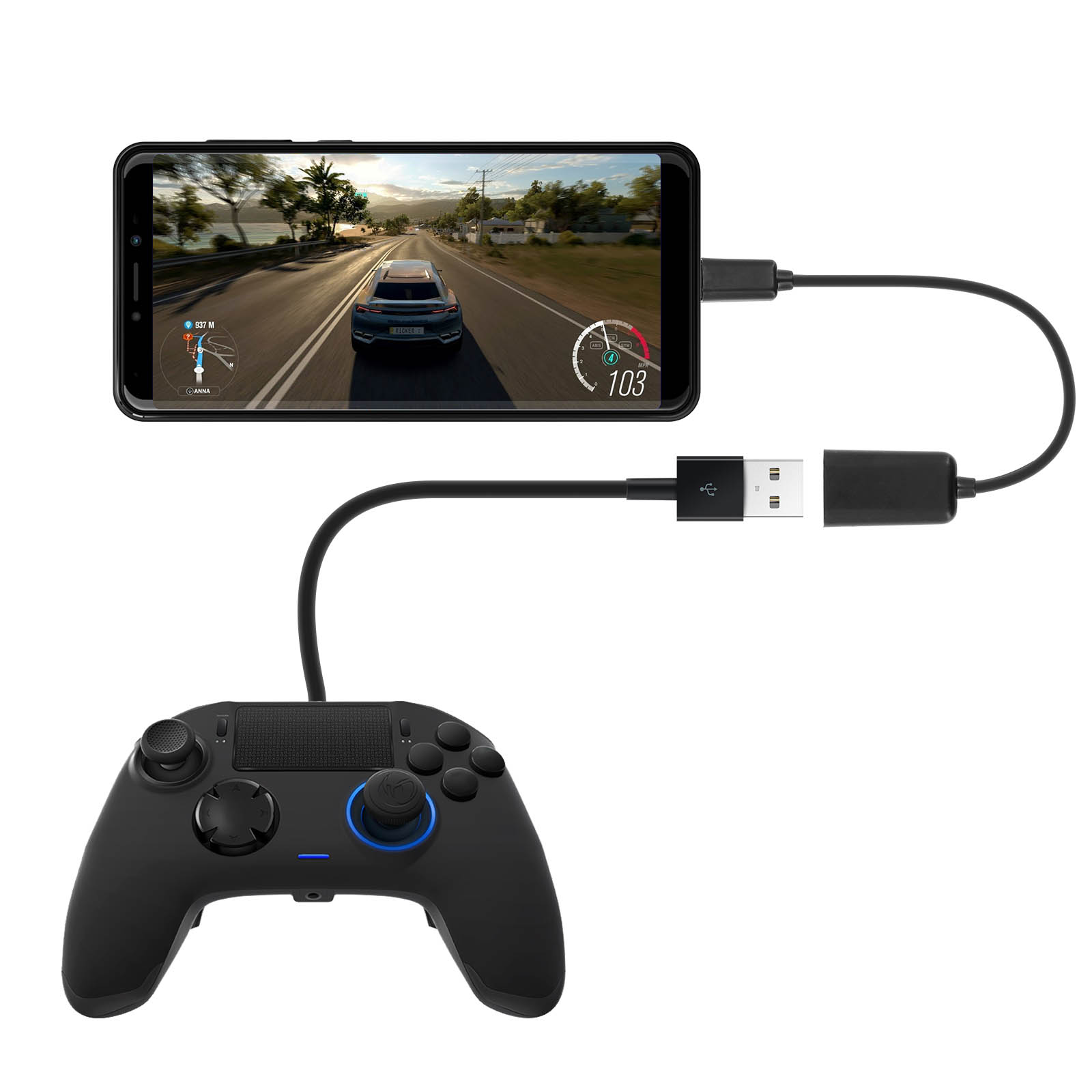 Telefono collegato a un controller di gioco nero tramite un cavo. Gioco di corse visualizzato sullo schermo.