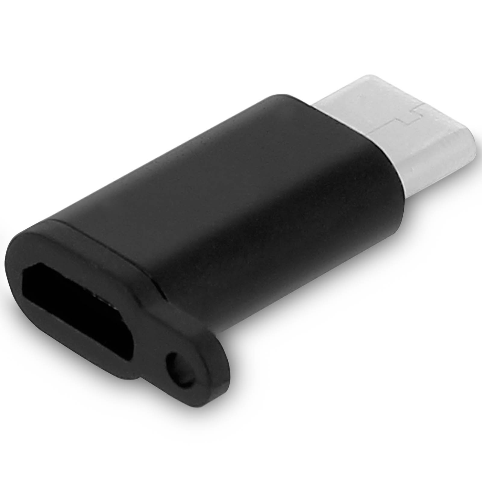 Schwarzer USB-C-zu-USB-Adapter. Er hat eine kleine Schlaufe.