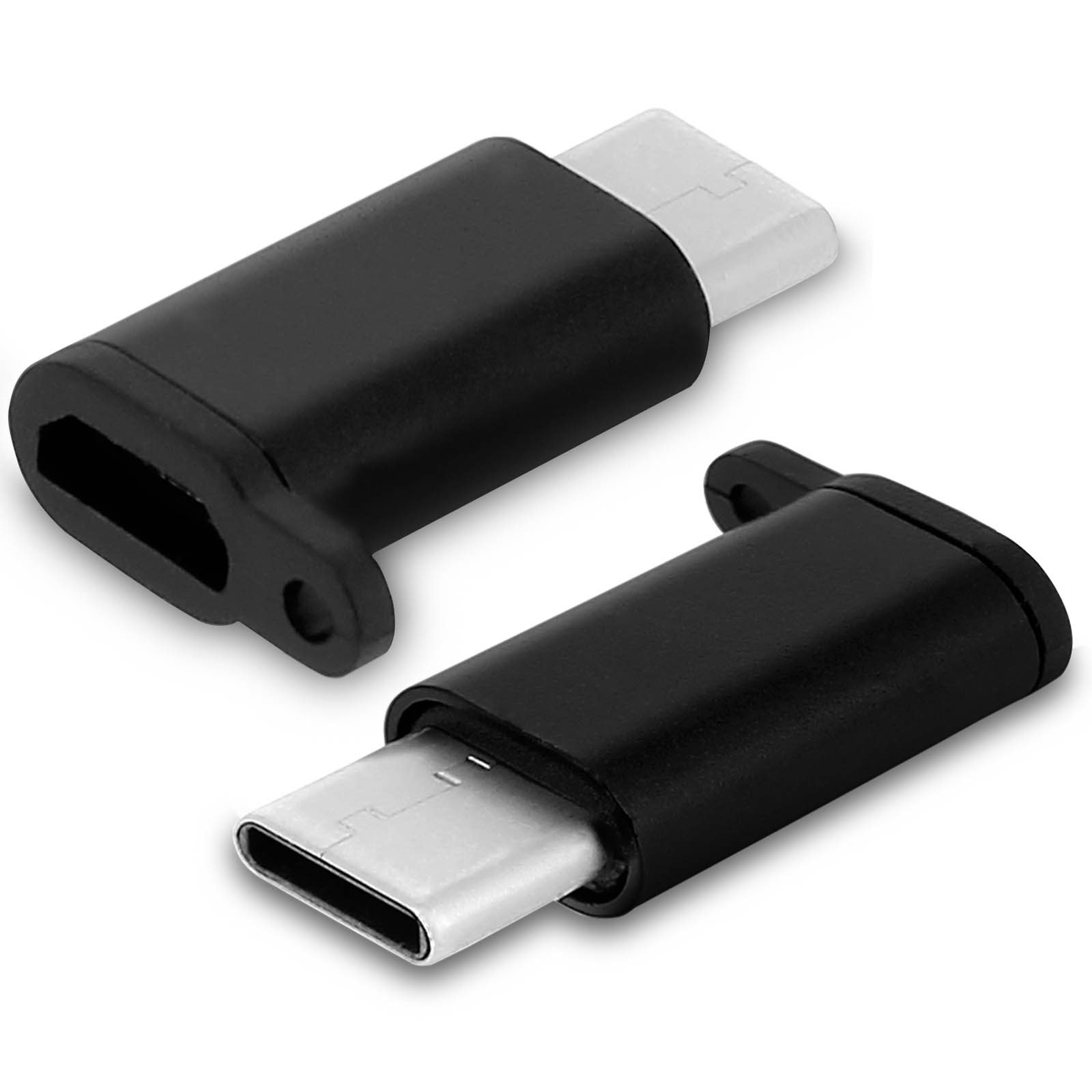 Zwei schwarze USB-C-Adapter. Sie liegen nebeneinander und zeigen den USB-C-Anschluss.