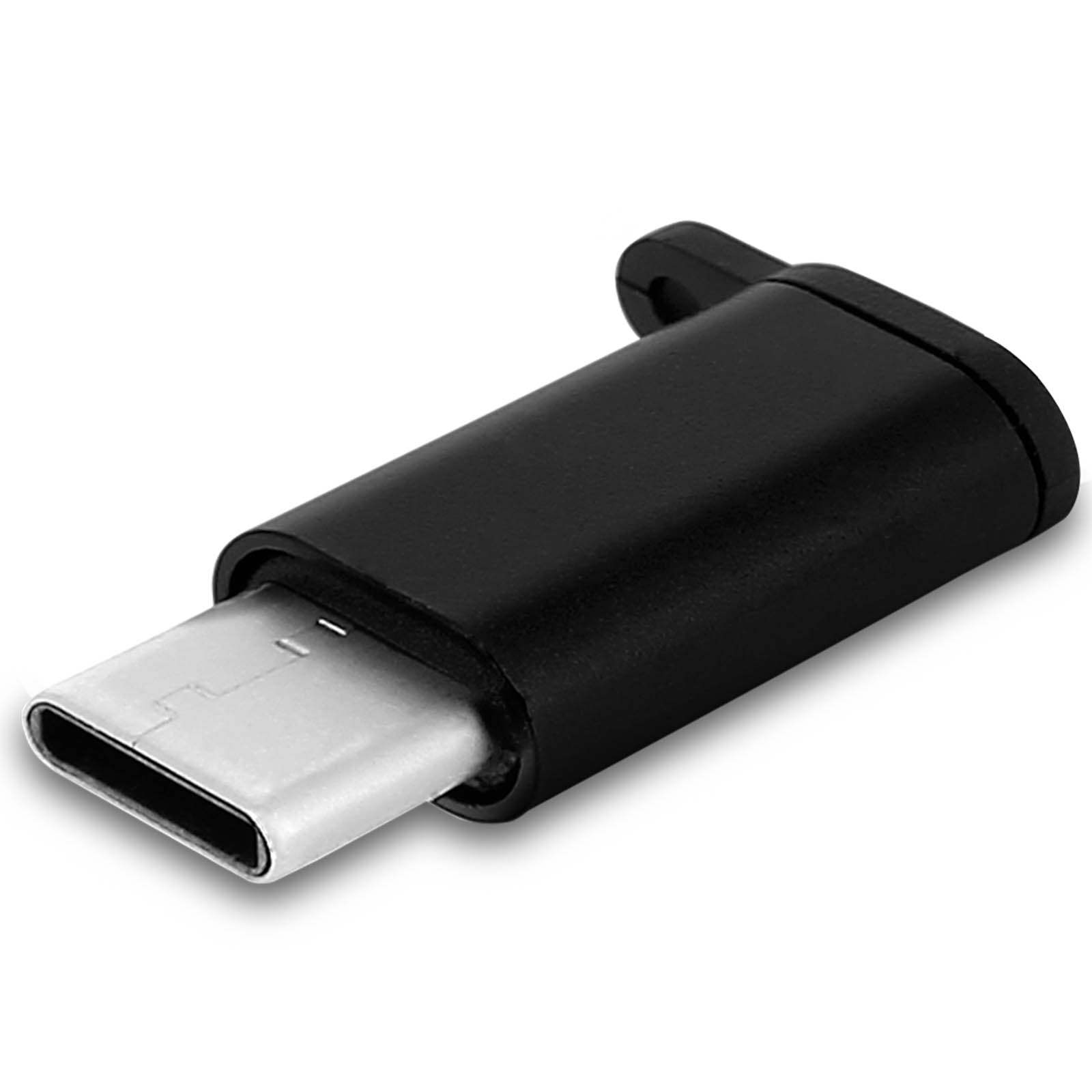 Ein schwarzer USB-C-Adapter auf weißem Hintergrund. Es ist abgewinkelt. Der Stecker ist silber.