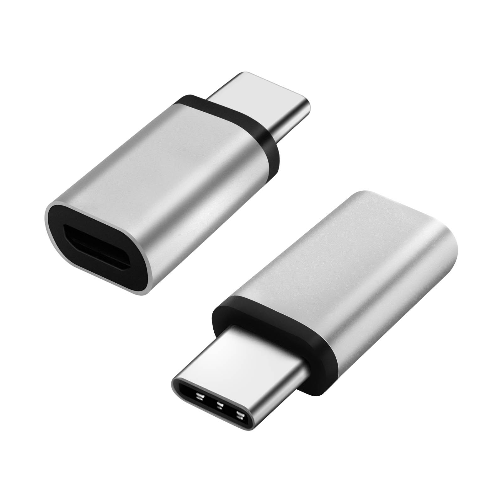 Adattatori da USB-C a USB-C argentati, dettagli neri.