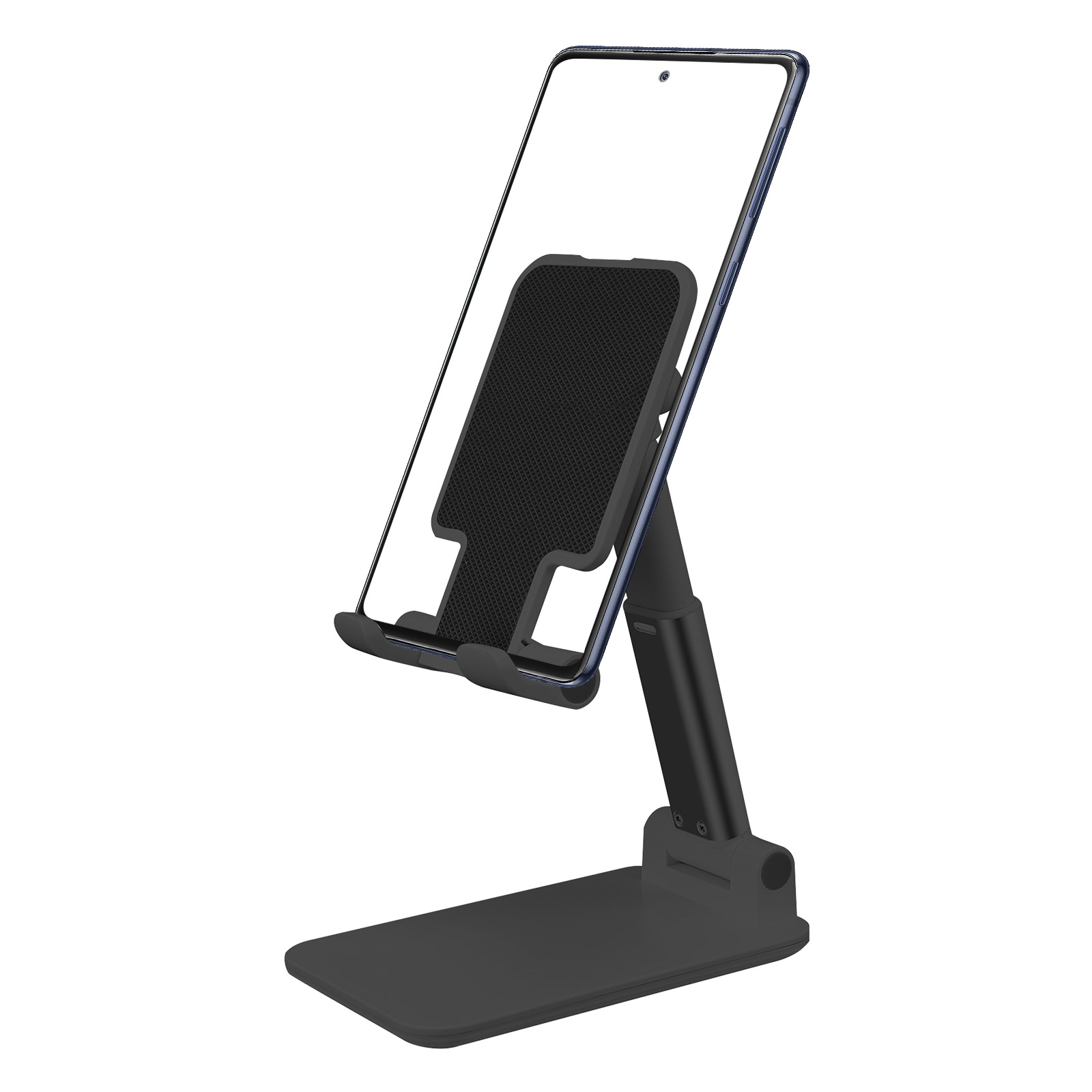 Un supporto per telefono nero che tiene un telefono. Sfondo bianco.