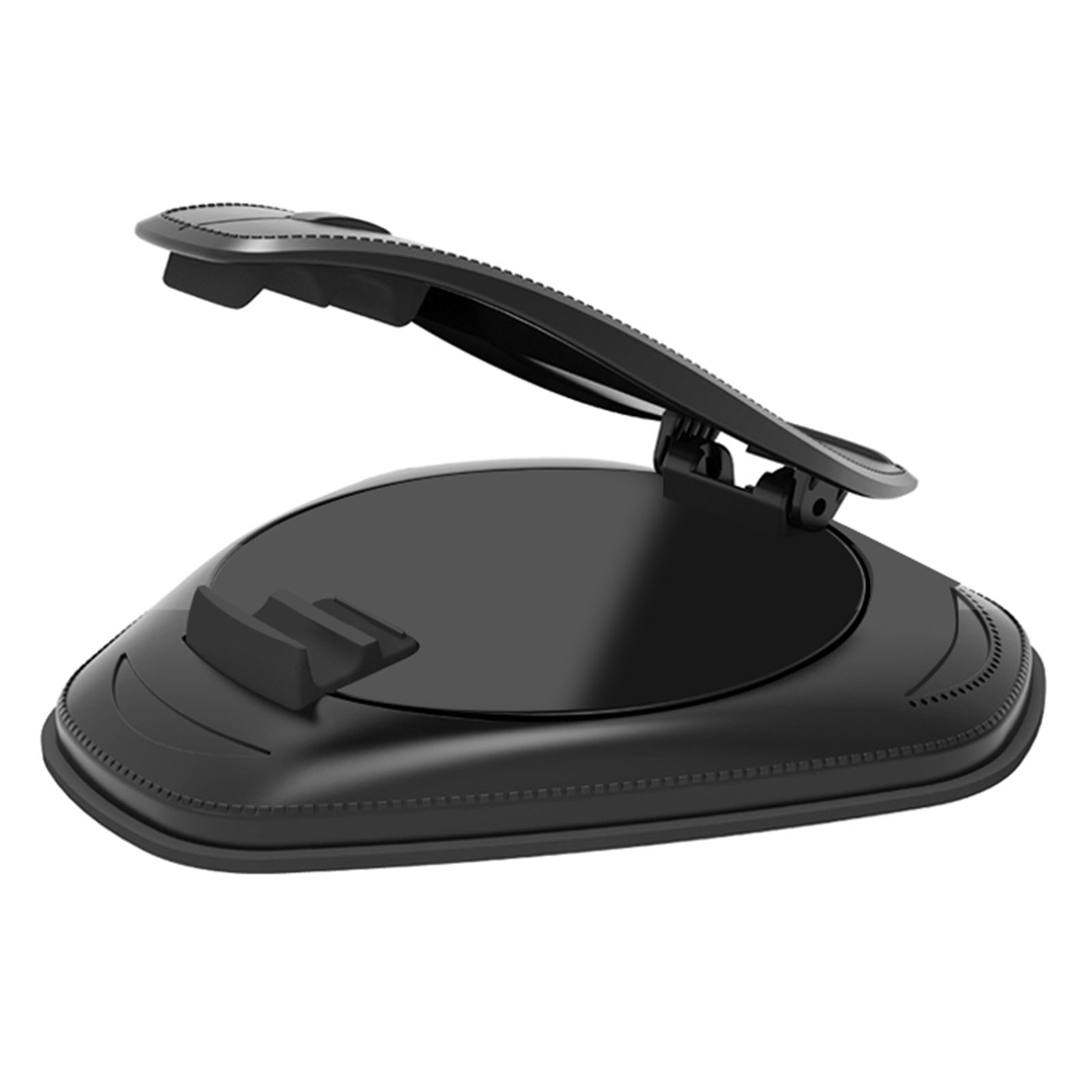 Un supporto per telefono nero per il cruscotto dell'auto con un design curvo e uno slot per riporre oggetti.