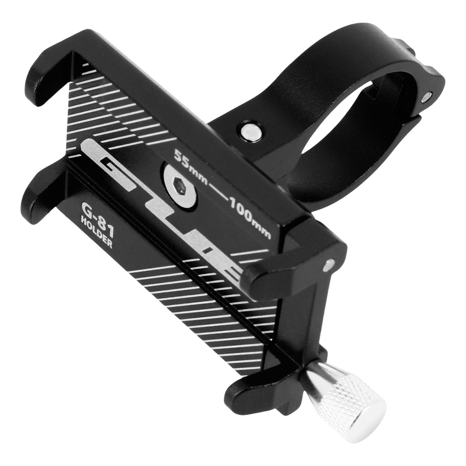Ein schwarzer Telefonhalter für einen Fahrradlenker. Er hat den Text G-81 HOLDER.
