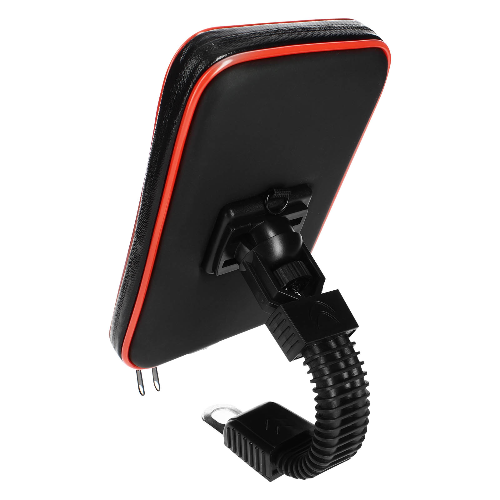 Un supporto per telefono nero con contorno rosso, attaccato a un braccio flessibile.