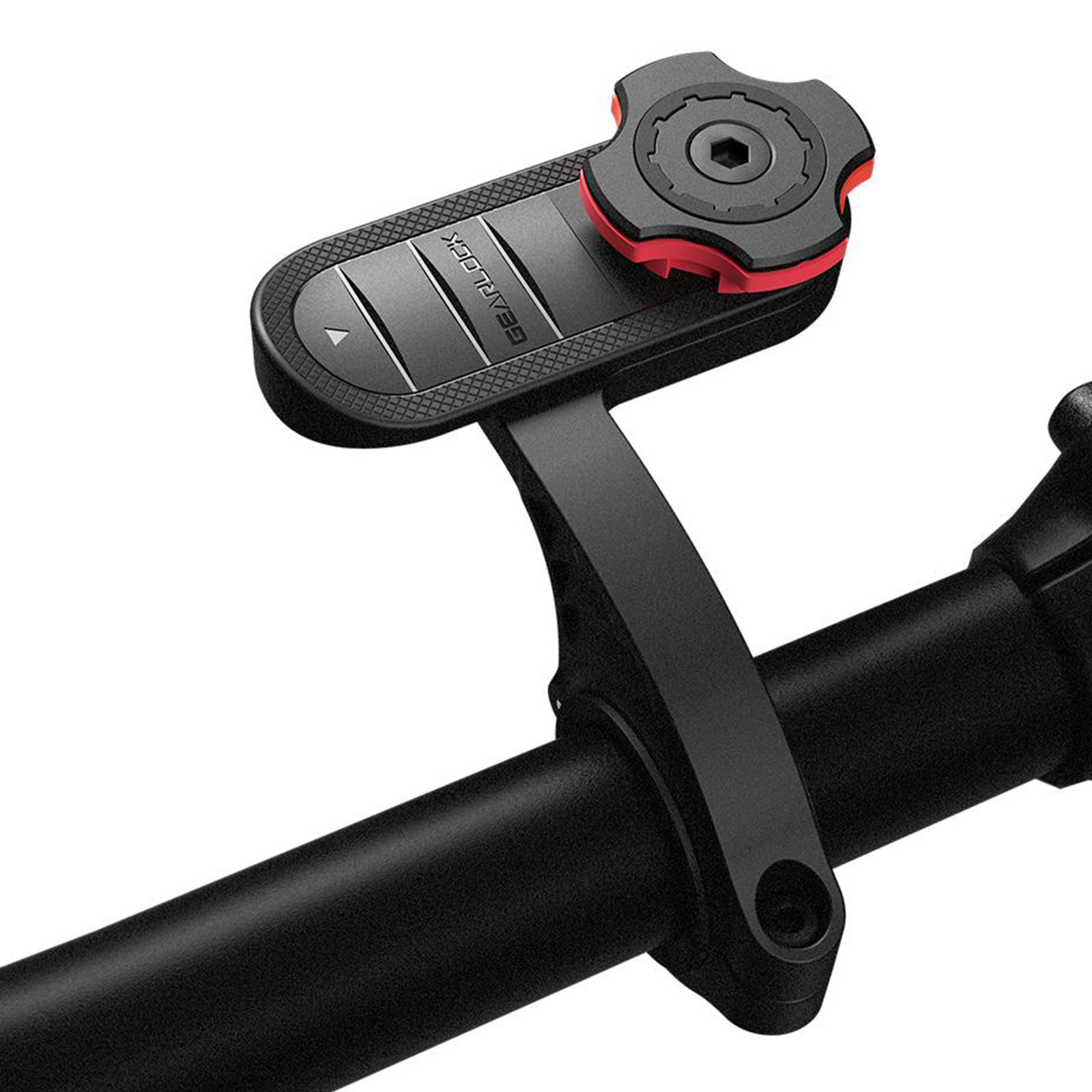 Soporte de teléfono negro fijado al manillar de una bicicleta. Detalles rojos y negros.