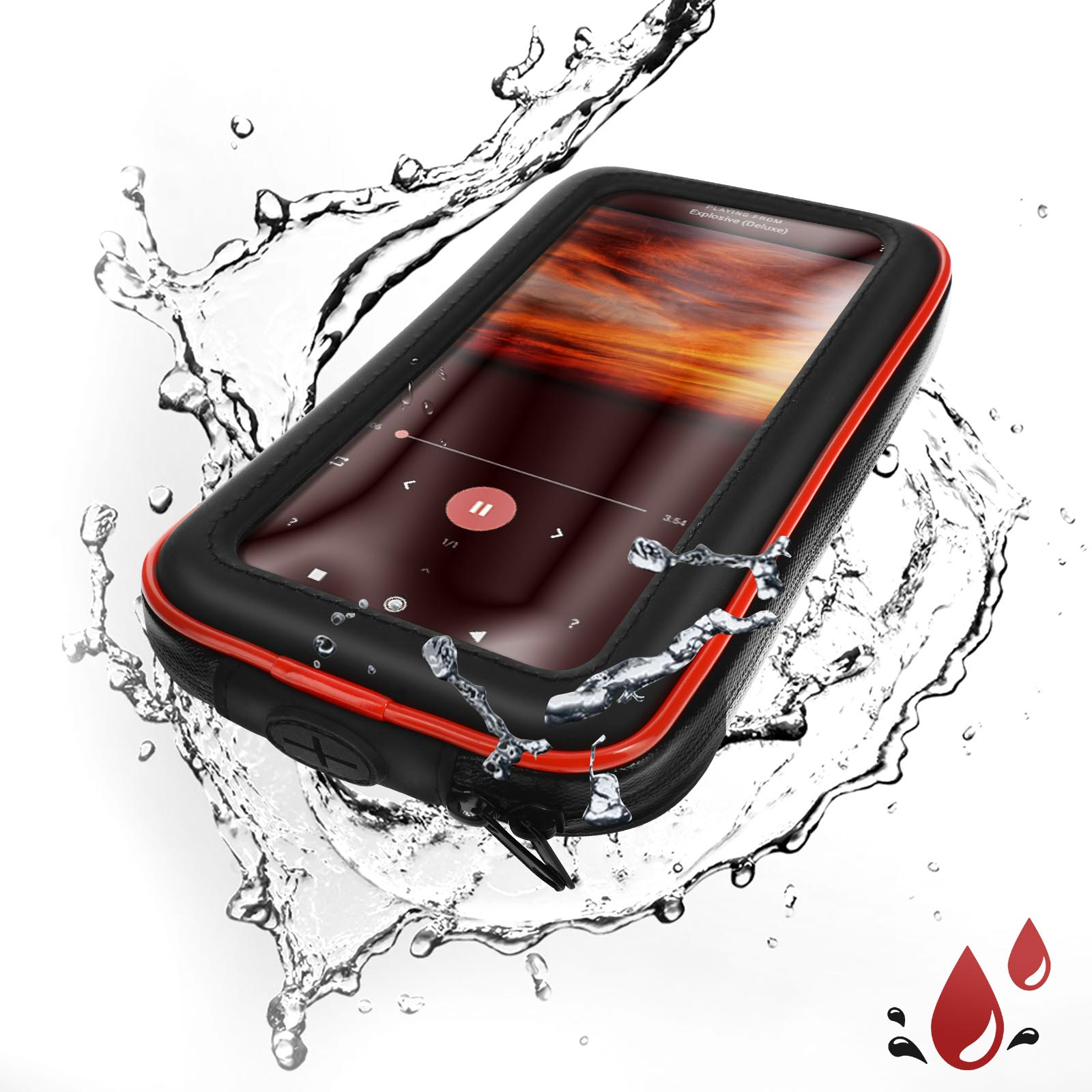 Custodia per telefono nera con bordo rosso, con acqua che schizza intorno. Un telefono è visibile all'interno.