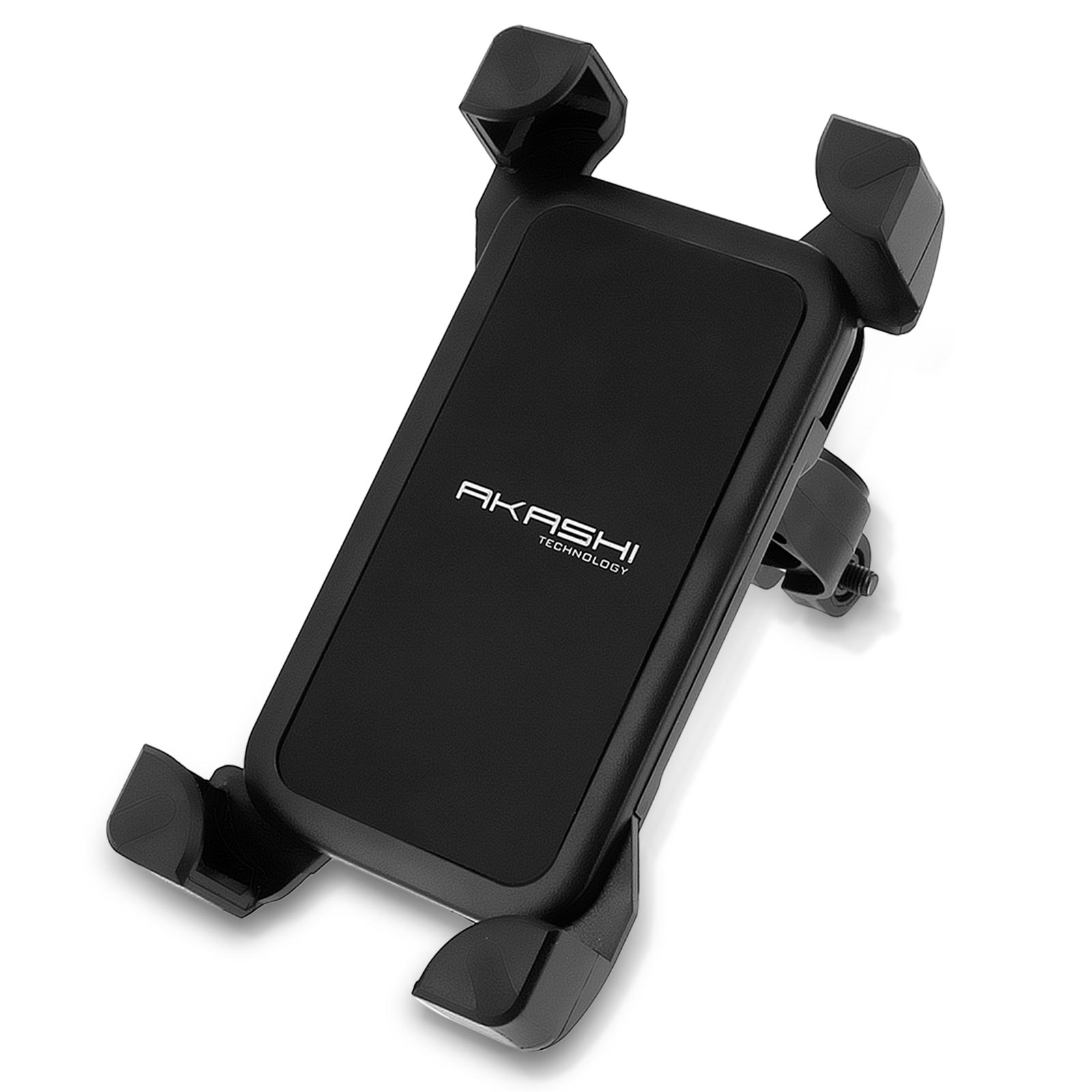 Supporto nero per telefono per bicicletta. Logo Akashi Technology visibile.