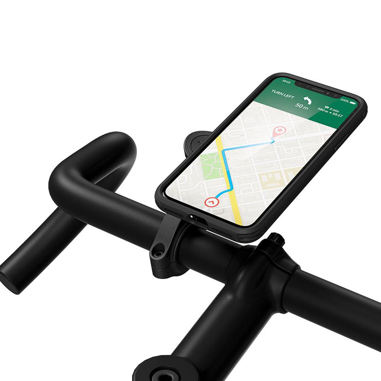 Un teléfono montado en el manillar de una bicicleta, mostrando un mapa con una ruta. Manillar y soporte negro.
