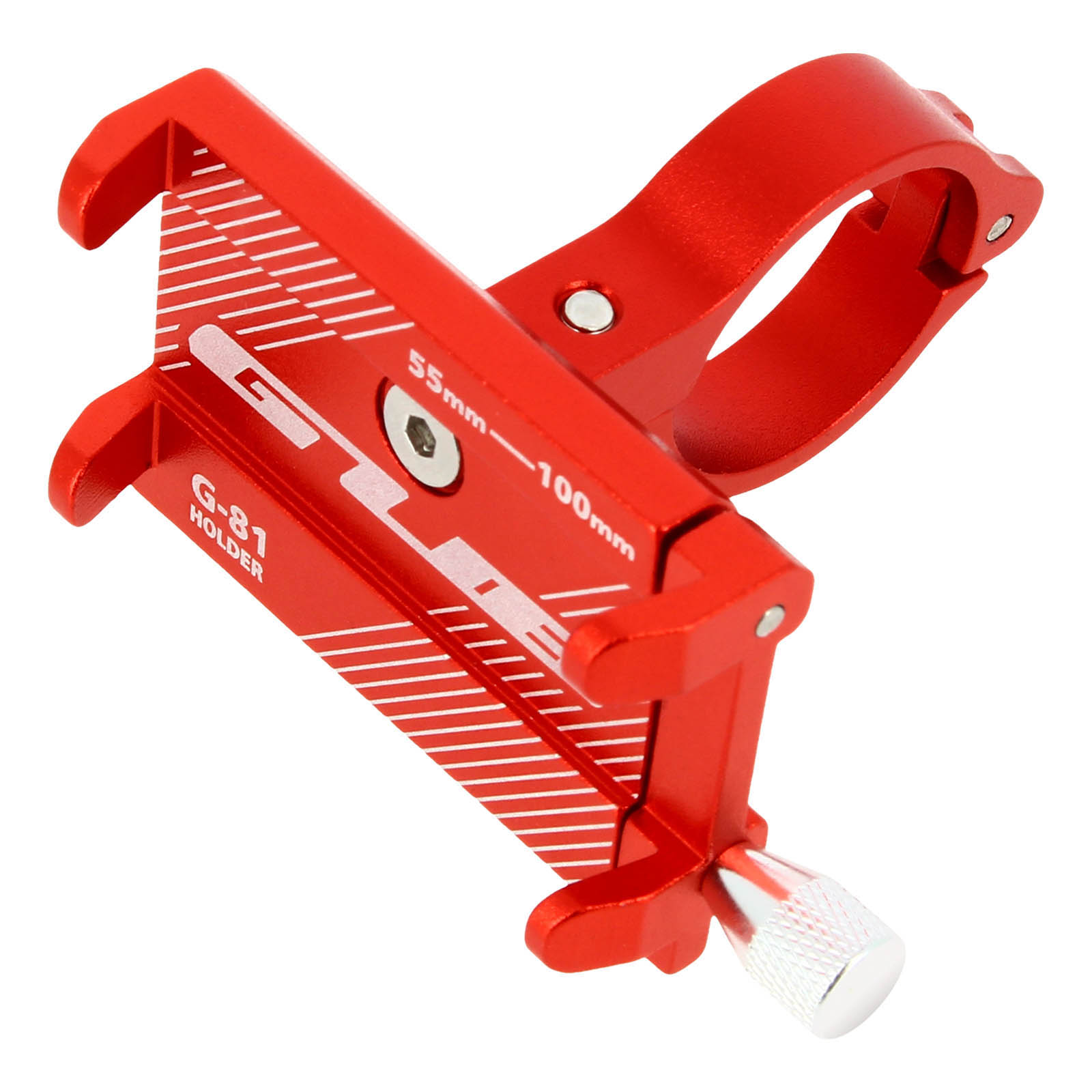Supporto per telefono rosso per bicicletta. Ha una vite e un morsetto.