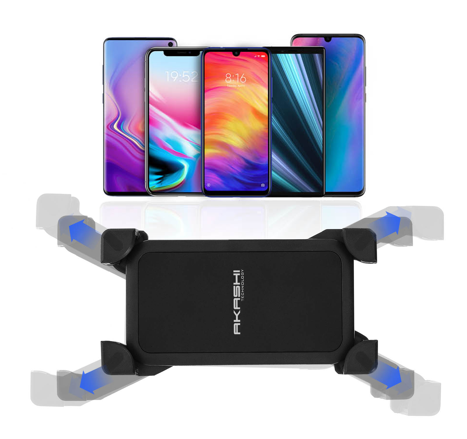 Un supporto per telefono nero con bracci estensibili che tengono telefoni con schermi diversi.