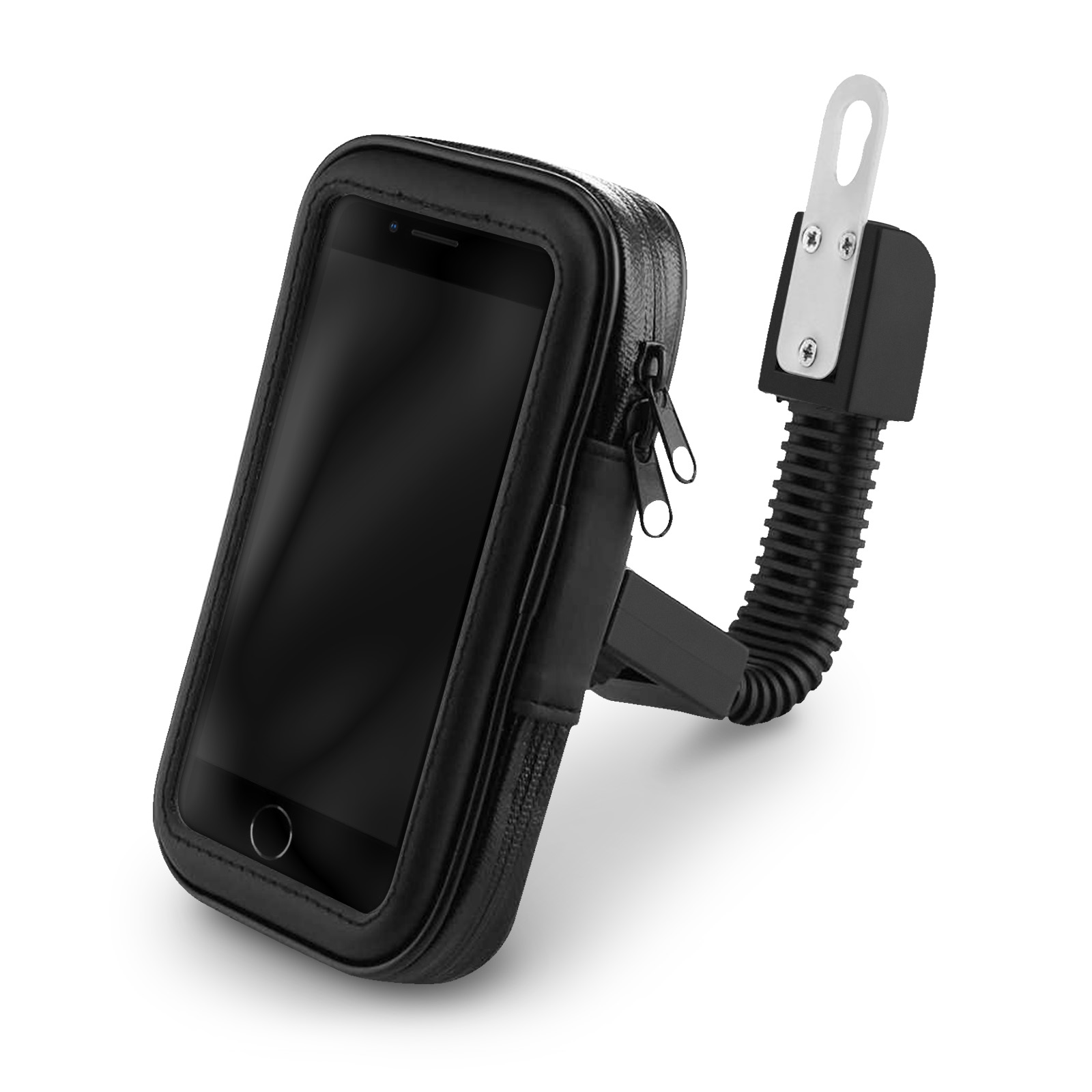 Telefono nero con custodia nera montato su una bici. Custodia e telefono sono visibili.