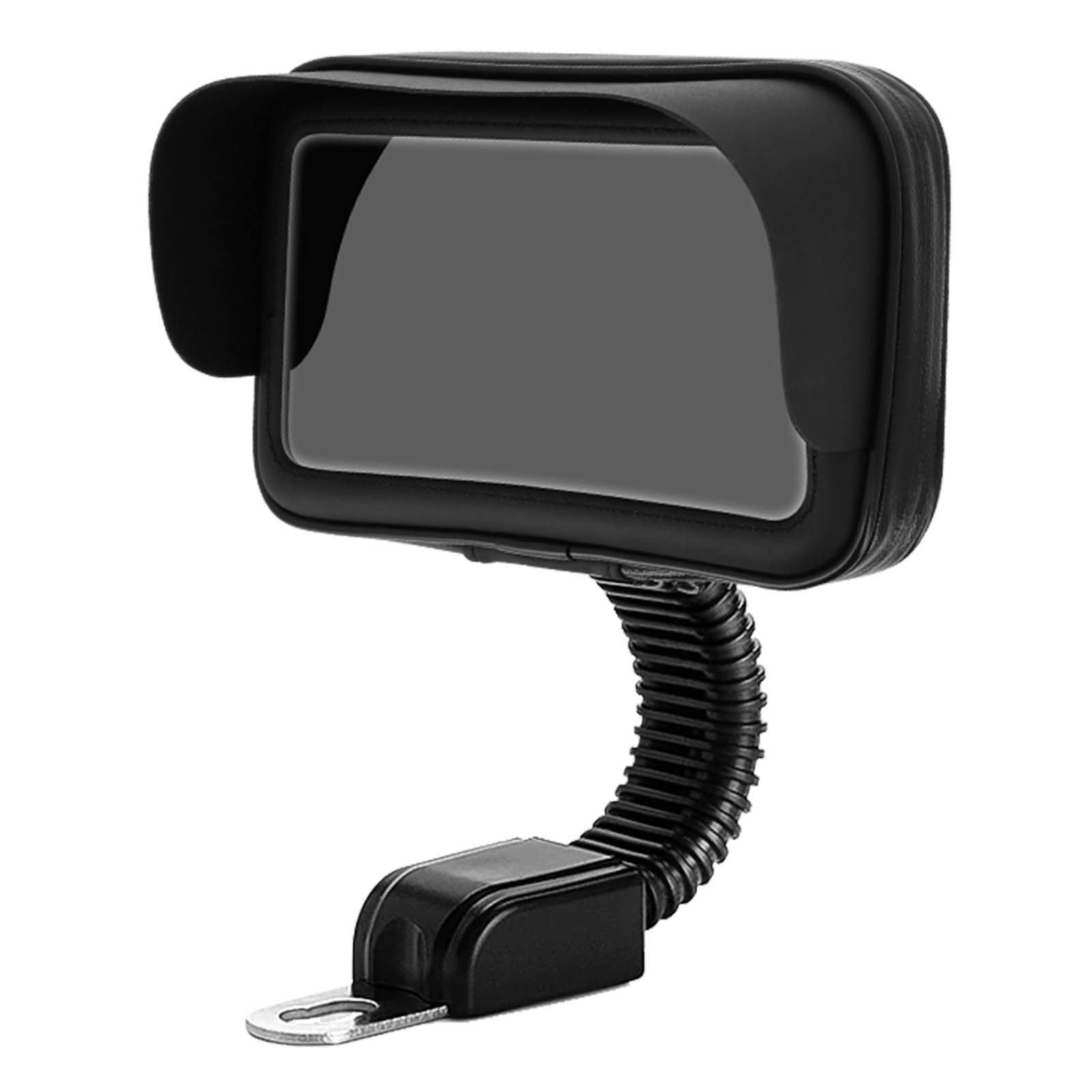 Supporto per telefono nero con braccio flessibile e visiera, collegato a una base.