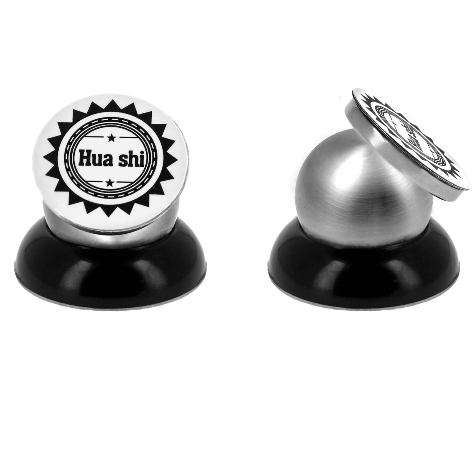 Due supporti per telefono da auto. Ognuno ha una base nera, una sfera argentata e una parte superiore bianca con il testo "Hua shi".