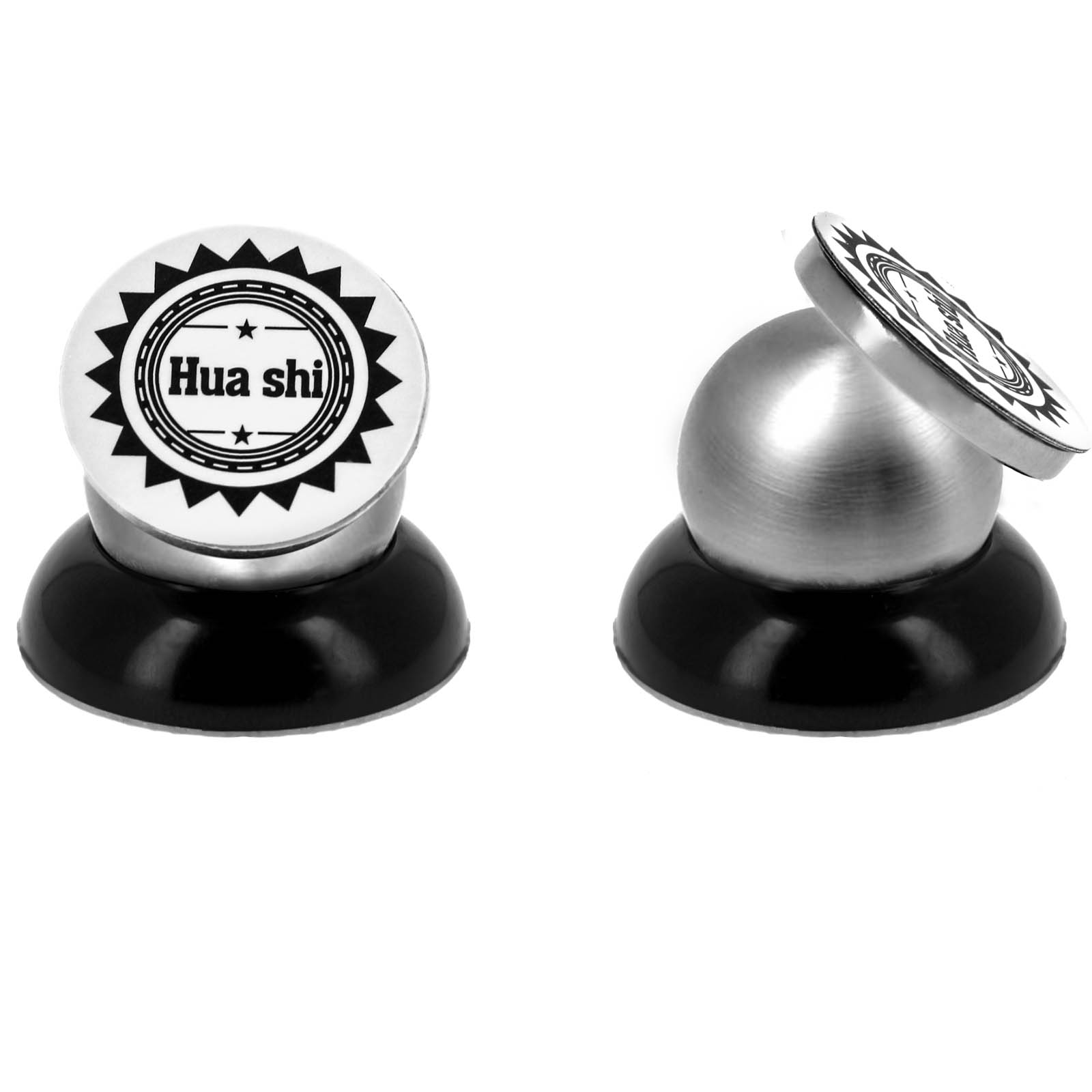 Due supporti magnetici per telefono Hua Shi. Ognuno ha una base rotonda e una parte superiore magnetica. Bianco e nero.