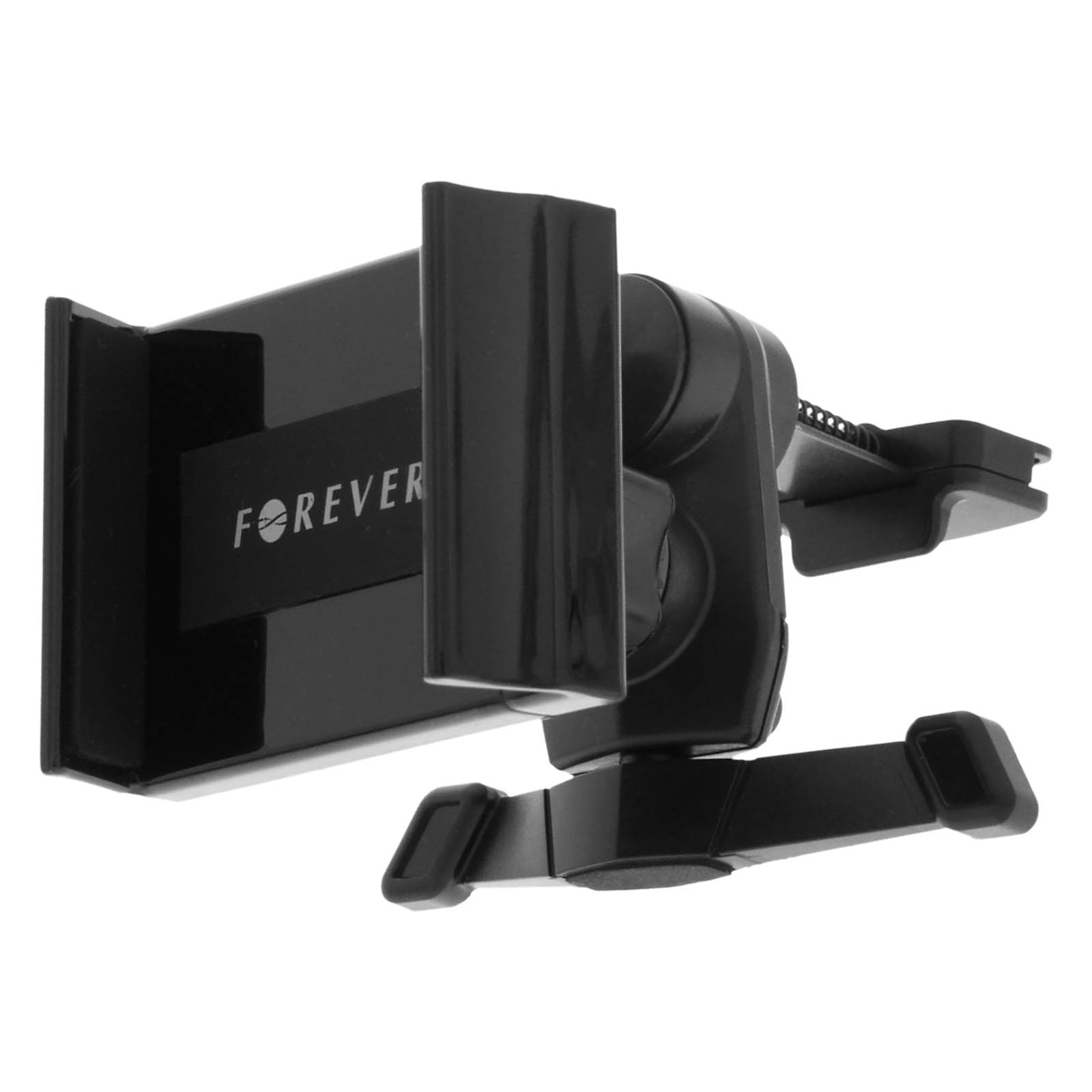 Schwarzer Telefonhalter. Das Wort 'FOREVER' ist auf dem Halter aufgedruckt. Es hat verstellbare Teile und einen Haken.