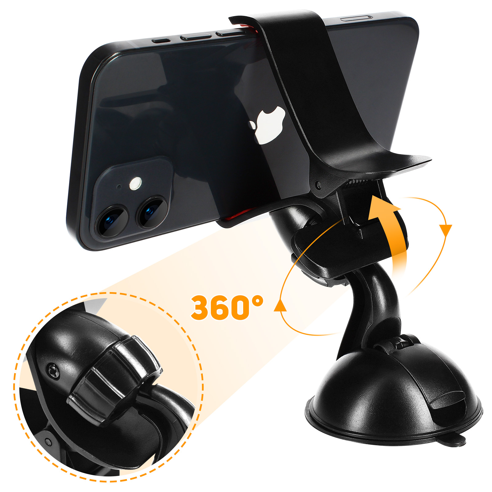 Ein schwarzer Telefonhalter mit einem Telefon, das eine 360-Grad-Drehfunktion zeigt.