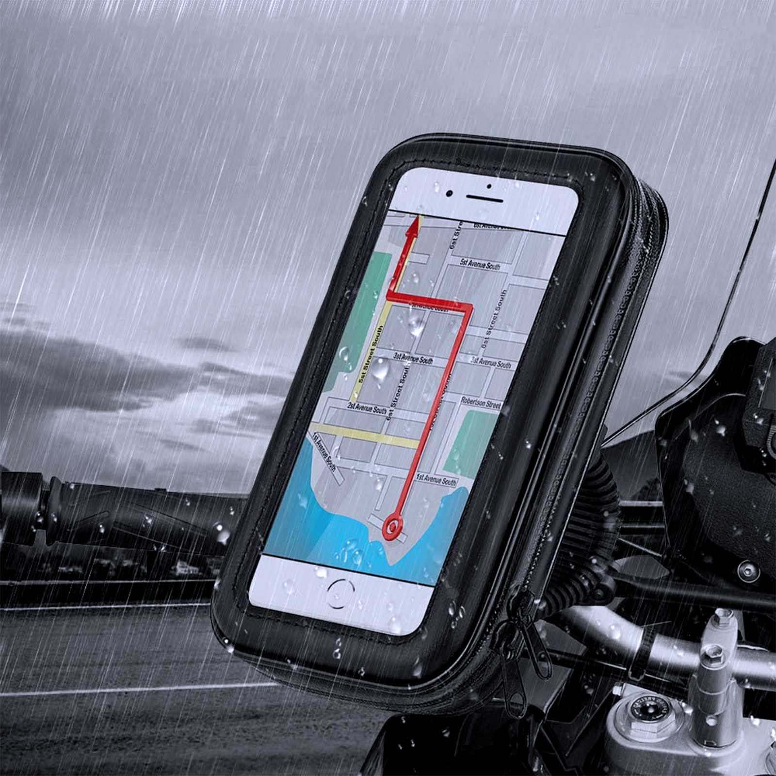 Smartphone in custodia impermeabile su una moto. Il telefono mostra la navigazione su una mappa.