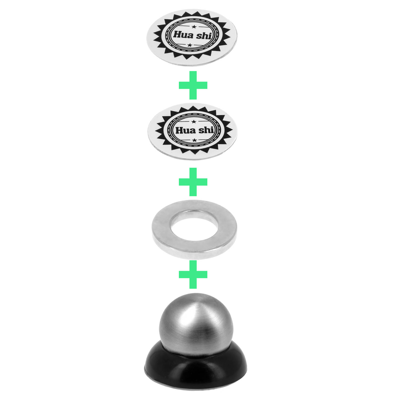 Componenti di un supporto per auto: dischi, un anello e una base magnetica sono visualizzati in vista esplosa.