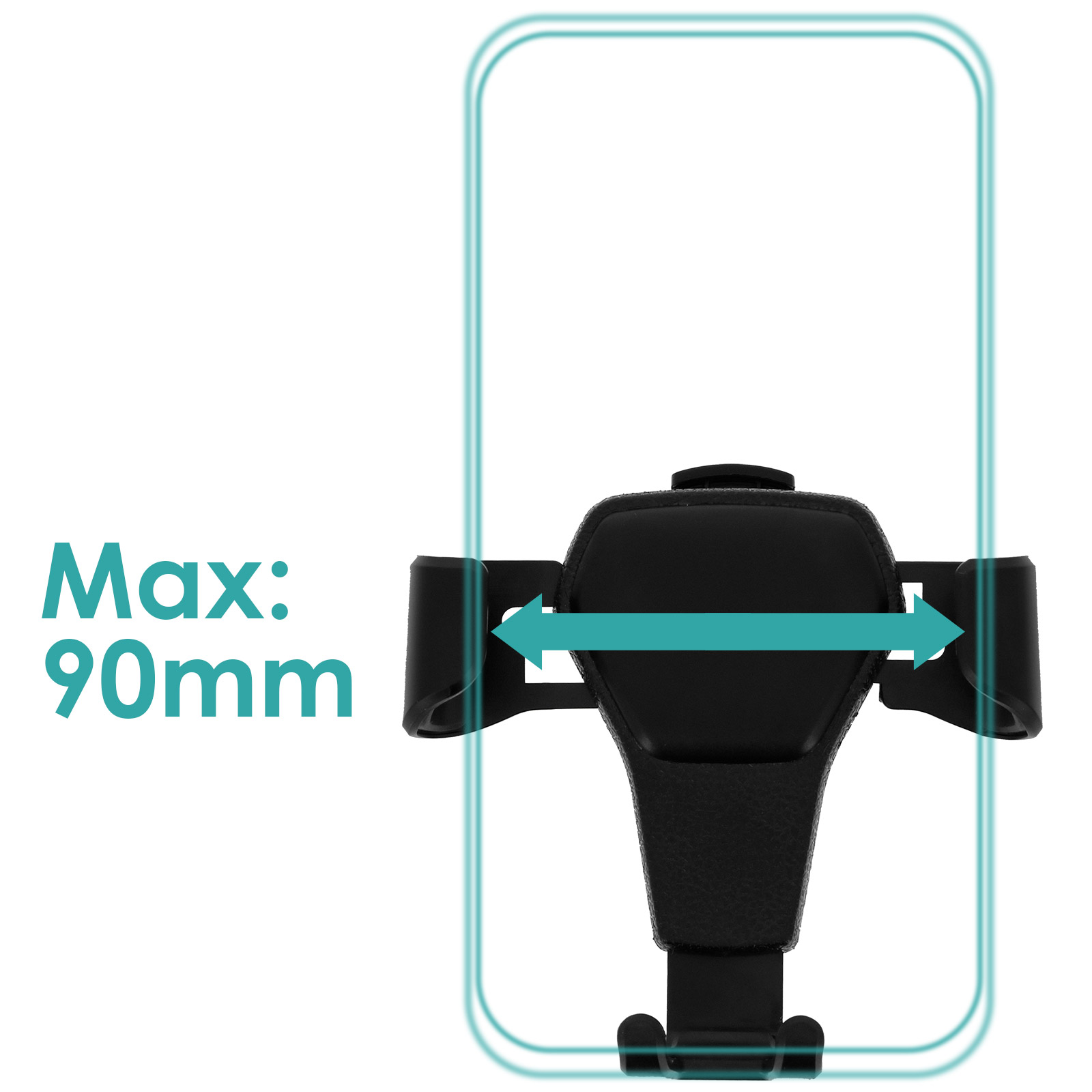 Schwarzer Telefonhalter mit blauem Pfeil und dem Text Max: 90 mm. Der Halter hält ein Smartphone.