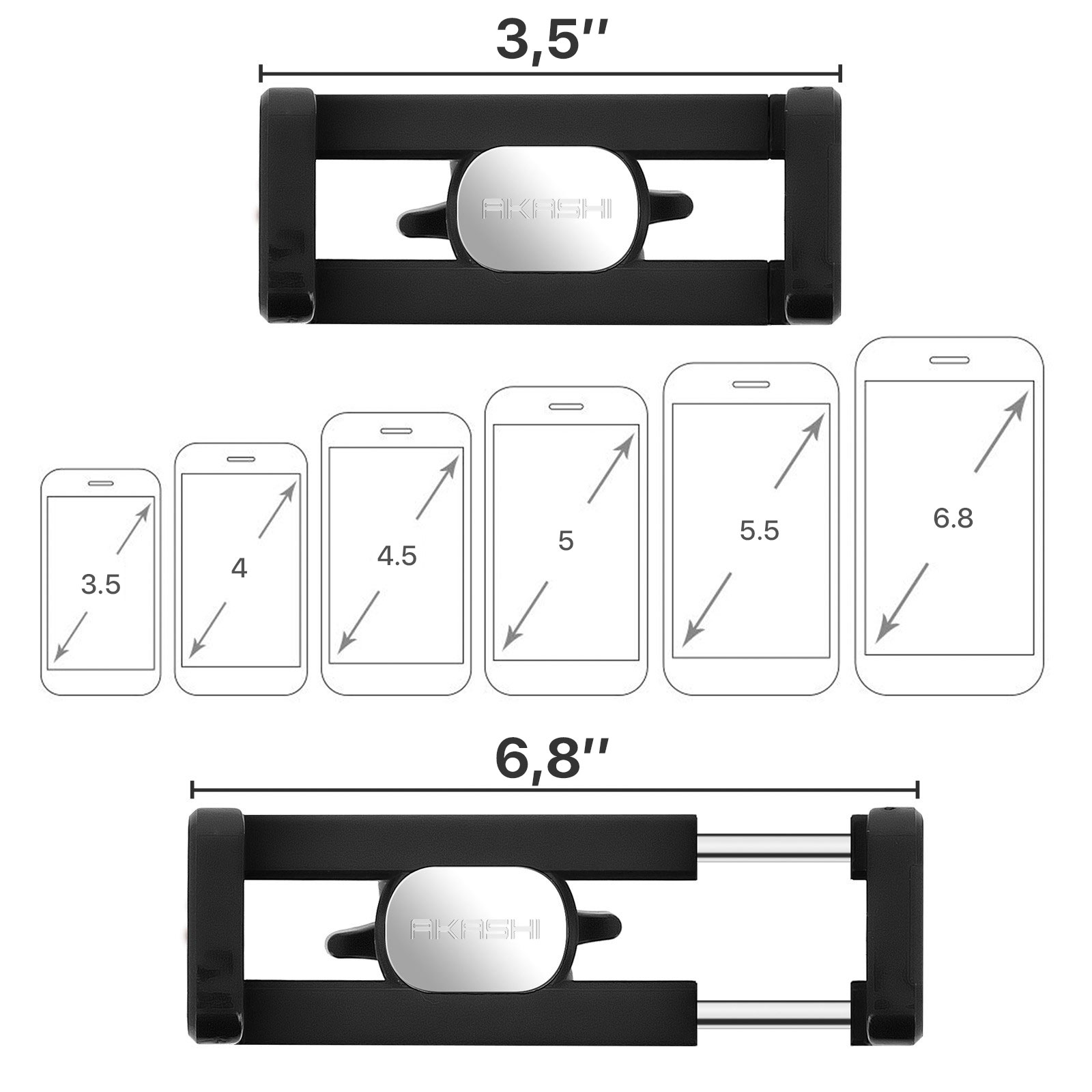 Schwarzer Telefonhalter mit verschiedenen Telefonformaten, von 3,5" bis 6,8", mit den Abmessungen des Halters.