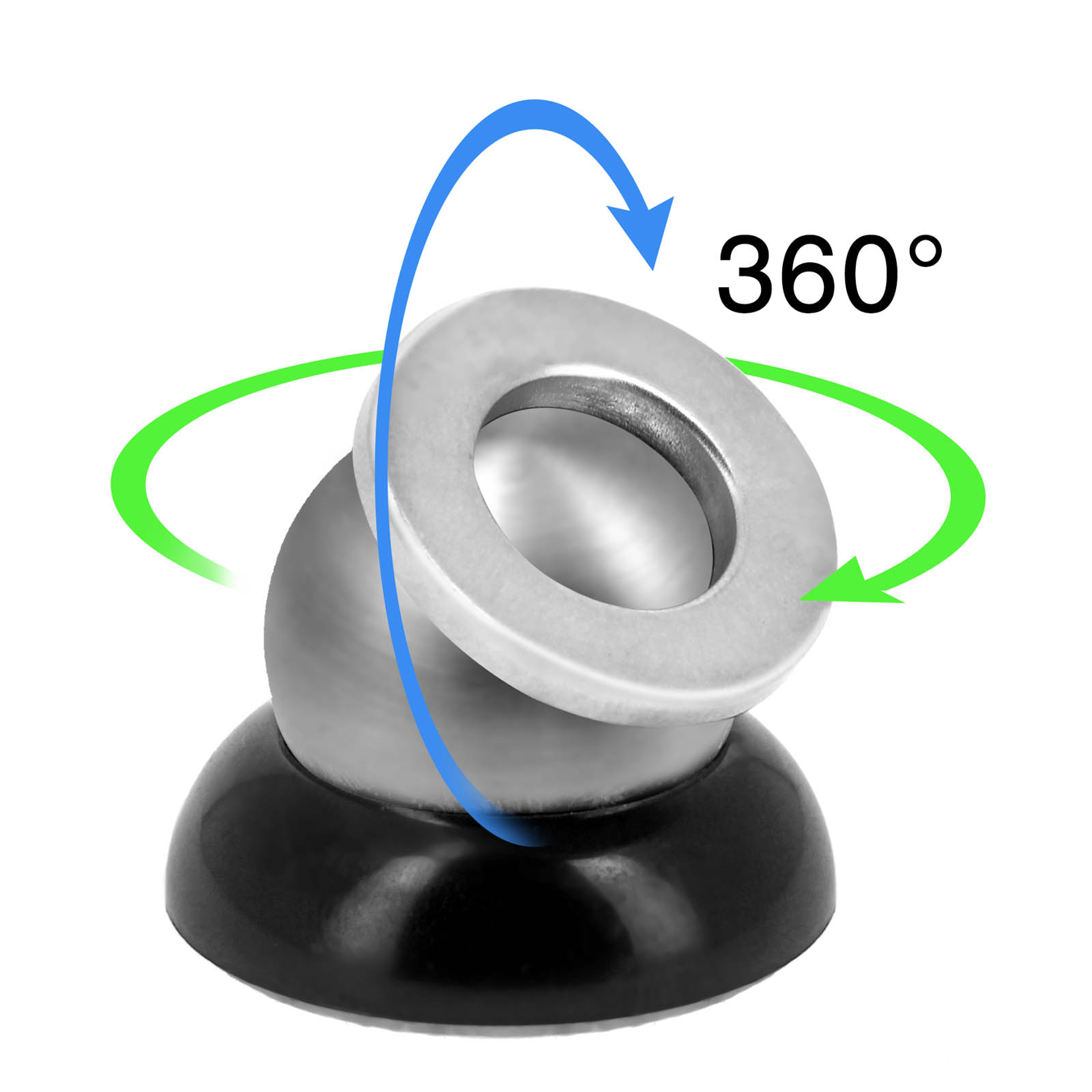 Supporto magnetico per telefono argentato con base nera. Le frecce mostrano la capacità di rotazione a 360 gradi.
