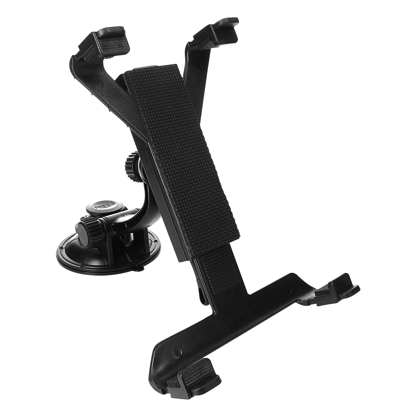 Supporto nero per tablet con ventosa, vista angolata, sfondo bianco.