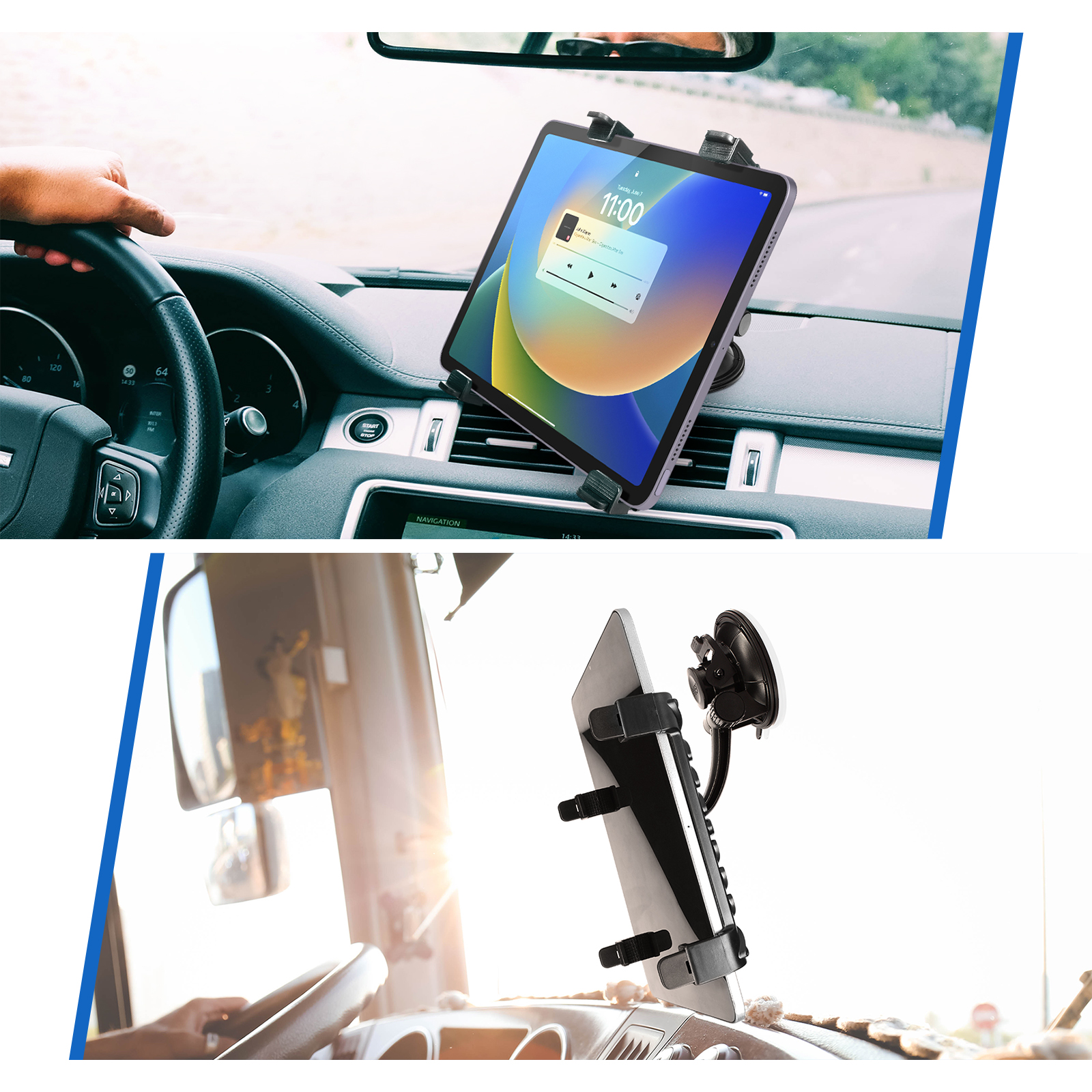 Tablet montato in auto. Immagine in alto mostra l'interno, in basso il supporto.