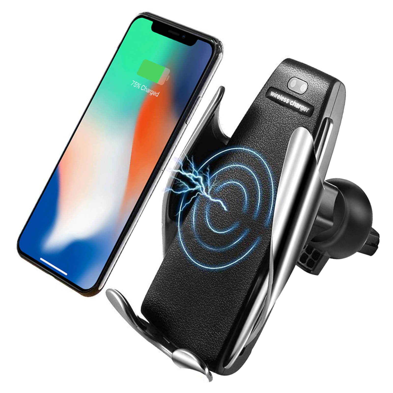 Ein Telefon, das drahtlos auf einem schwarzen Ladehalter geladen wird. Der Halter hat ein schlankes Design.