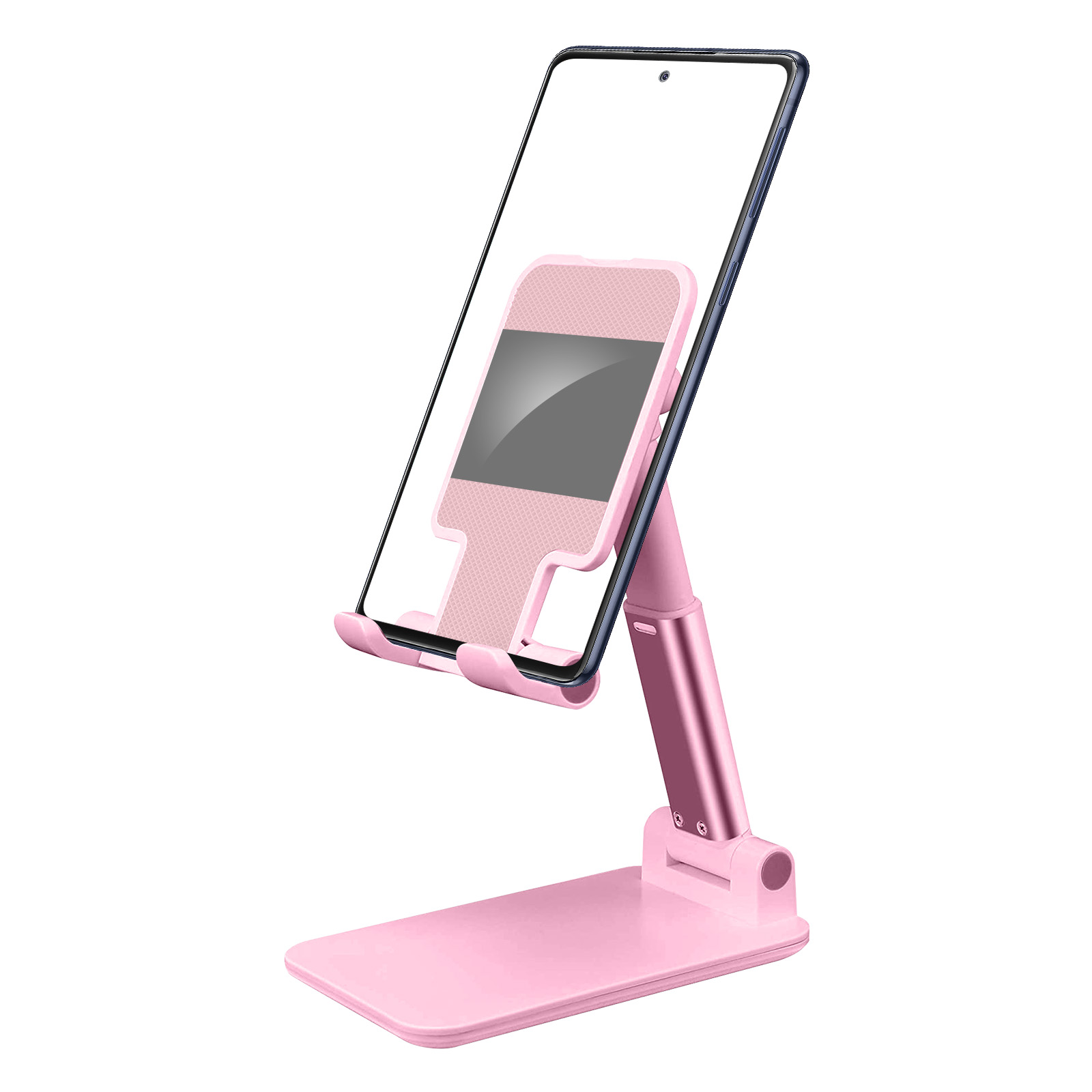 Rosa Telefonständer, der ein Smartphone hält. Das Telefon zeigt eine rosa Benutzeroberfläche.