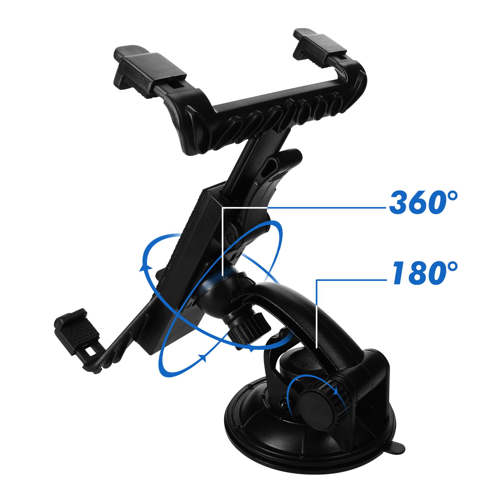 Supporto per tablet nero con base a ventosa. Sono indicate le opzioni di rotazione a 360 e 180 gradi.