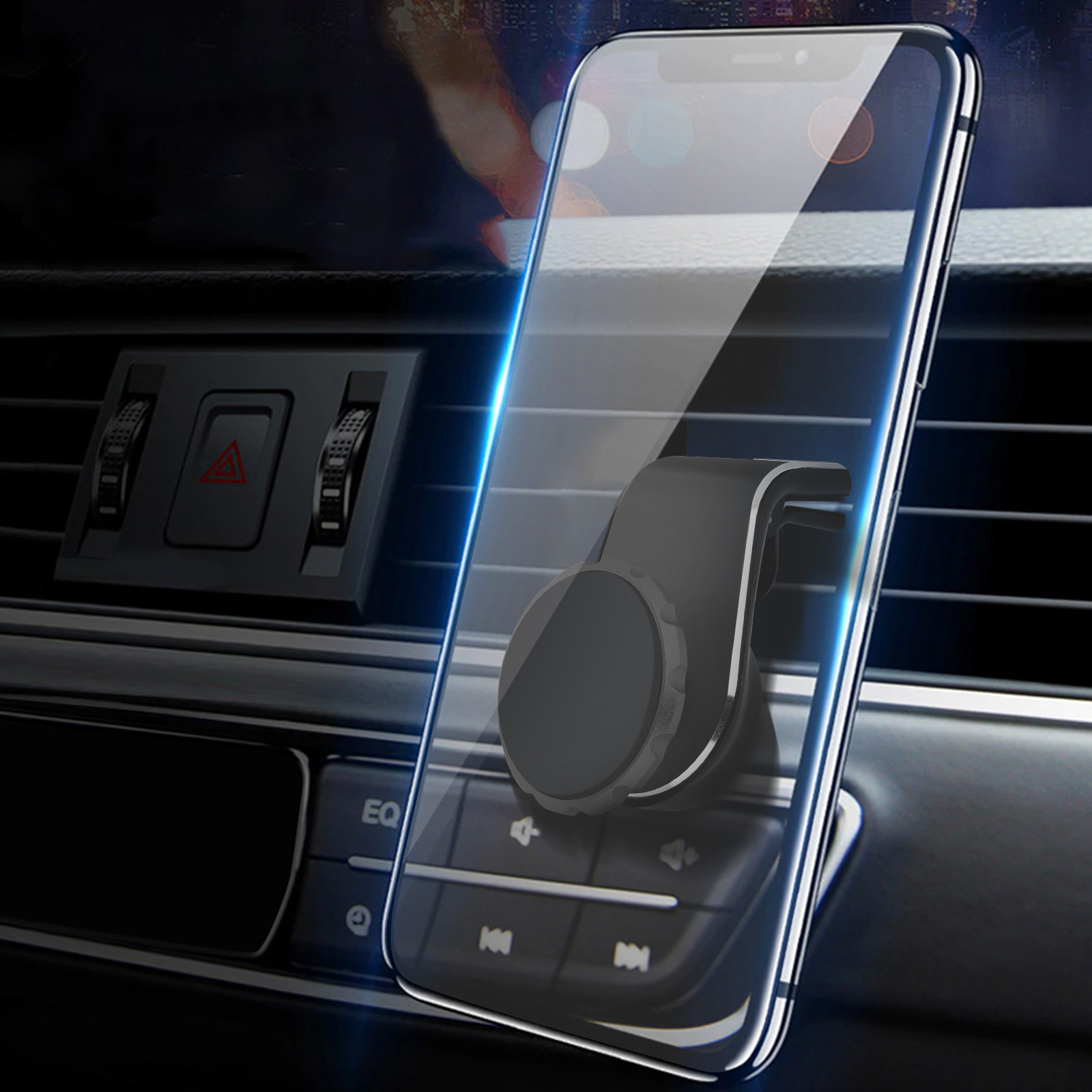 Telefon mit magnetischer Halterung im Auto. Das Telefon ist am Lüfter befestigt, das Armaturenbrett ist sichtbar.