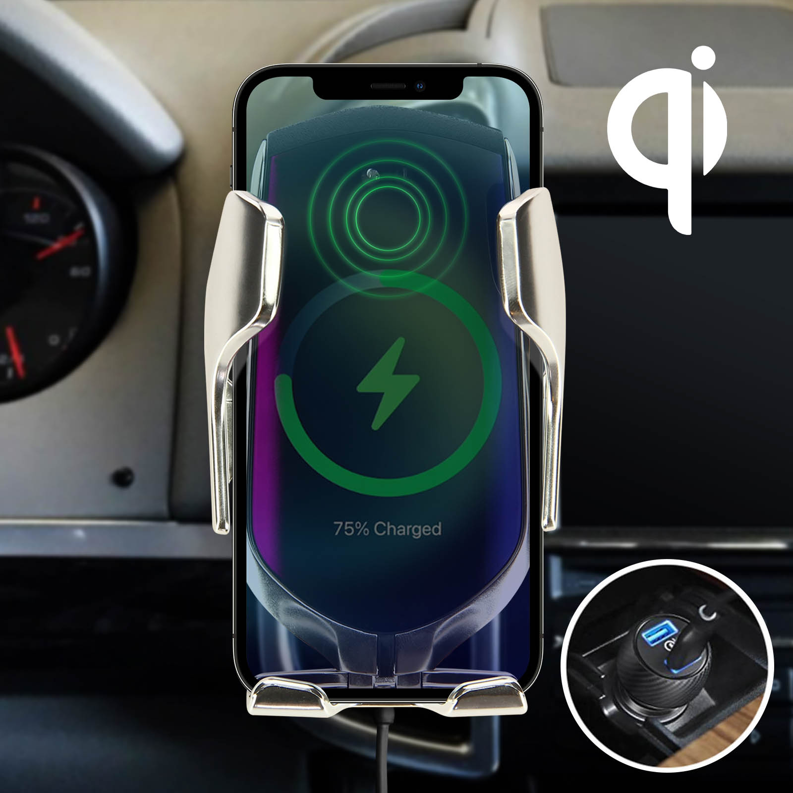 Telefon, das drahtlos in einer Autohalterung geladen wird, zeigt 75% geladen an. Ein Autointerieur und ein Autoladegerät sind sichtbar.
