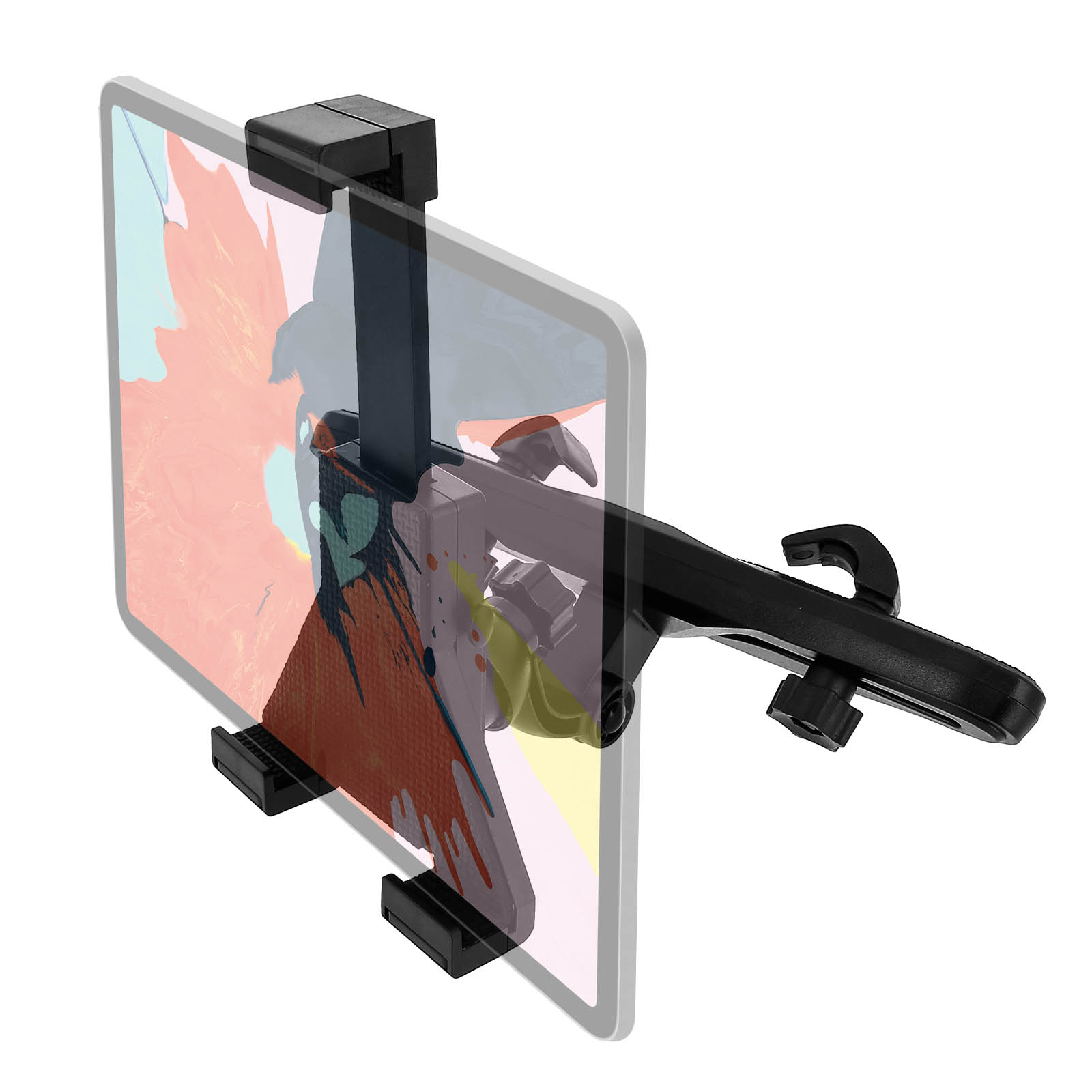 Tablet mit Halterung. Ein schwarzer Halter hält das Tablet.