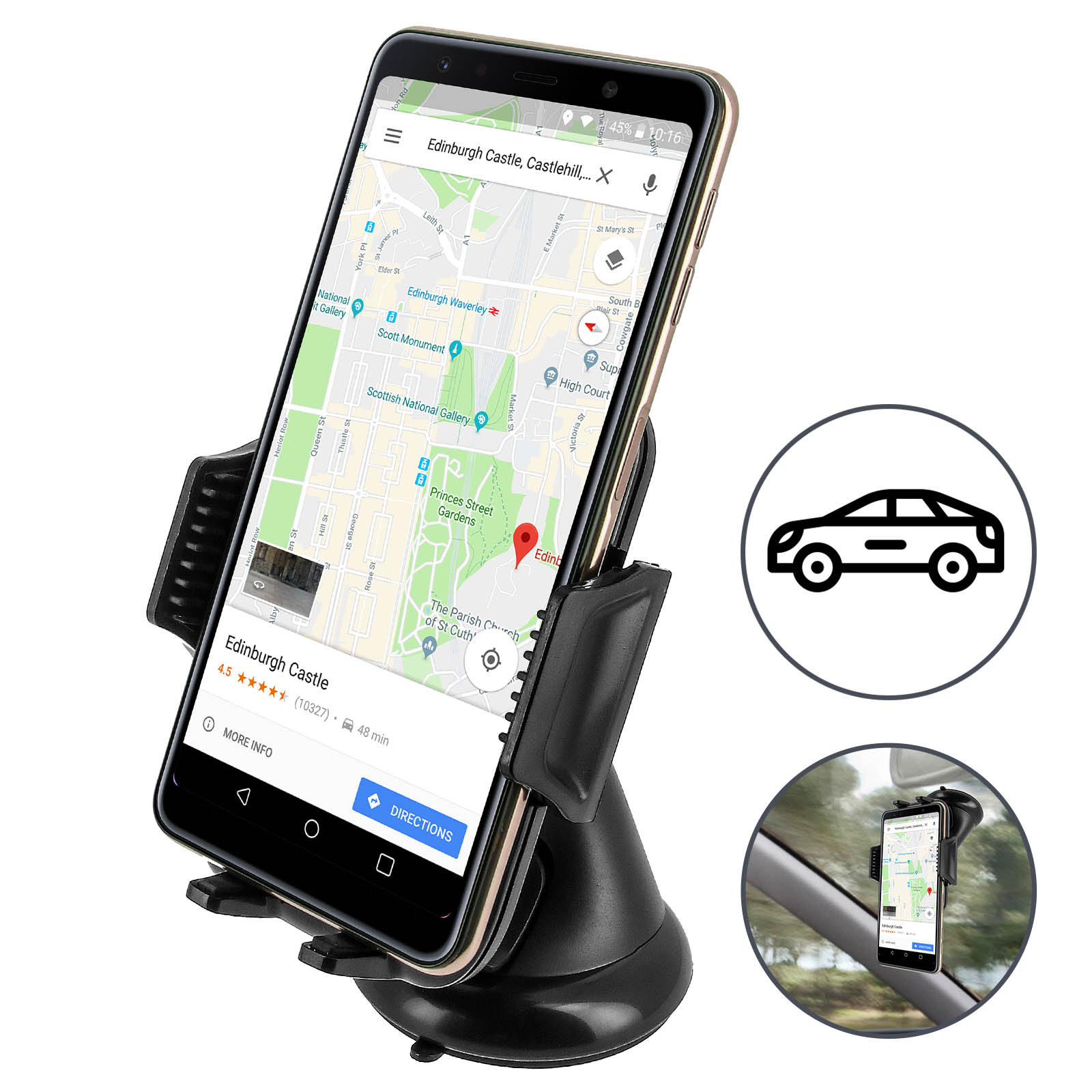 Telefon mit geöffneter Karten-App am Autofenster montiert. Ein Autosymbol und ein Autohalter sind im Bild.