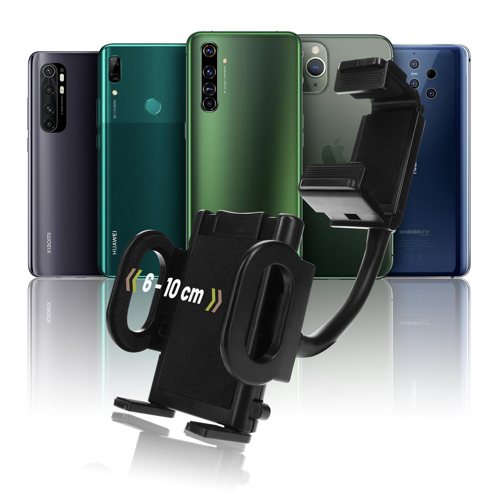 Cinque smartphone con un supporto per auto davanti. Il supporto è regolabile tra 6-10 cm. Sfondo bianco.