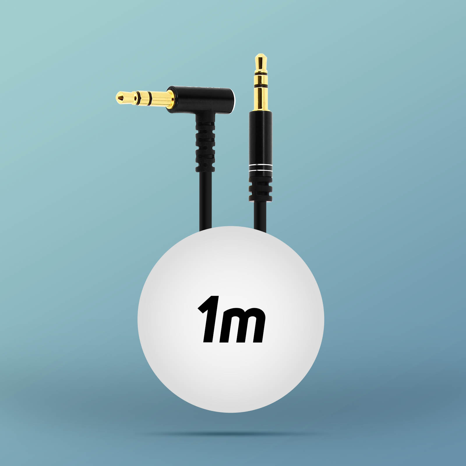 Dos cables de clavija de audio negros con puntas doradas, conectados por una esfera blanca con '1m'.