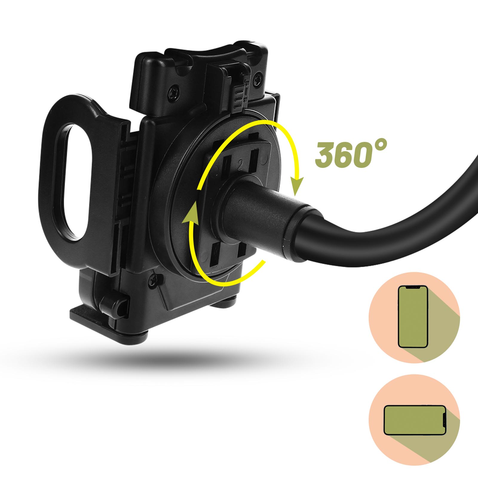 Supporto per telefono nero con funzione di rotazione a 360 gradi. Ci sono due diagrammi del contorno del telefono.