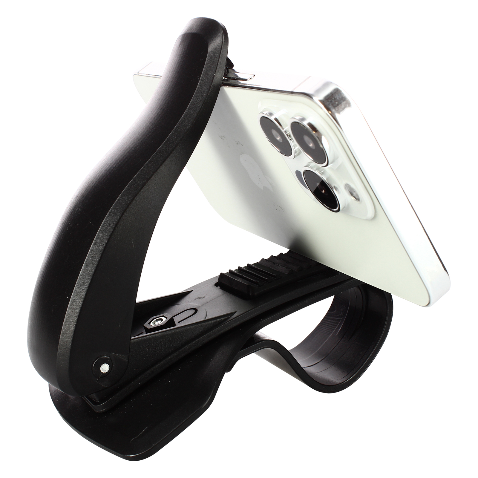 Schwarzer Autotelefonhalter, der ein Telefon hält. Telefon ist nach oben geneigt, zur Kamera gerichtet.