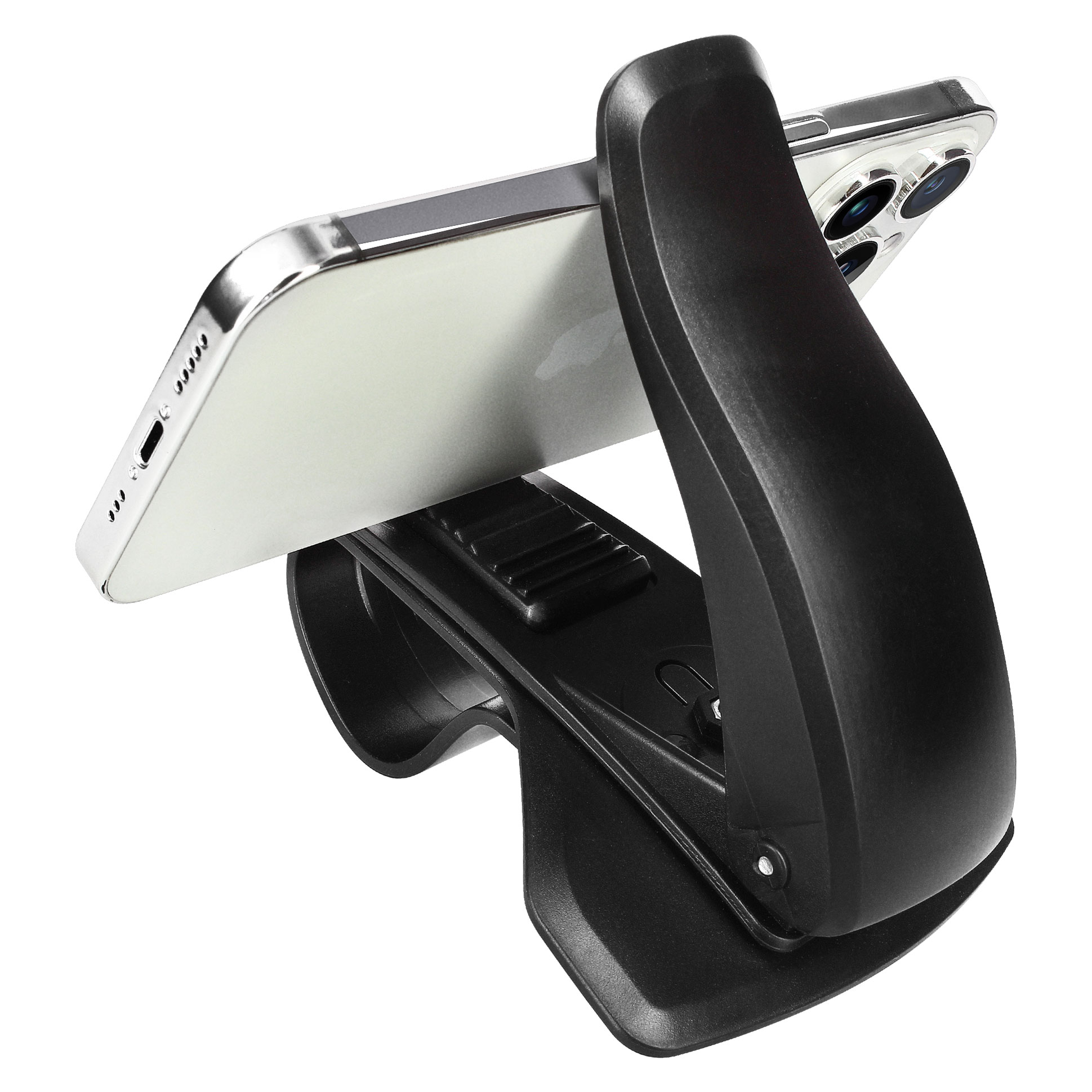 Schwarzer Autotelefonhalter, der ein Telefon hält. Telefon ist nach oben geneigt, zur Kamera gerichtet.