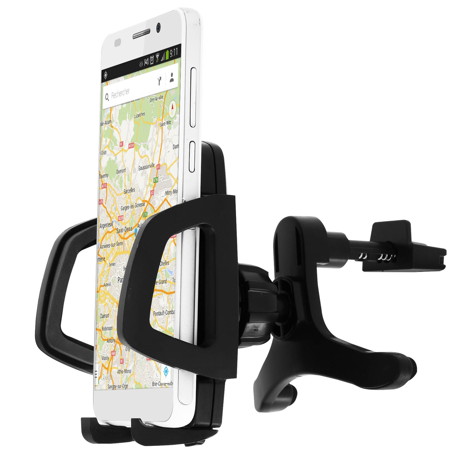 Un telefono con una mappa è in un supporto per telefono da auto. È nero e il telefono è bianco.